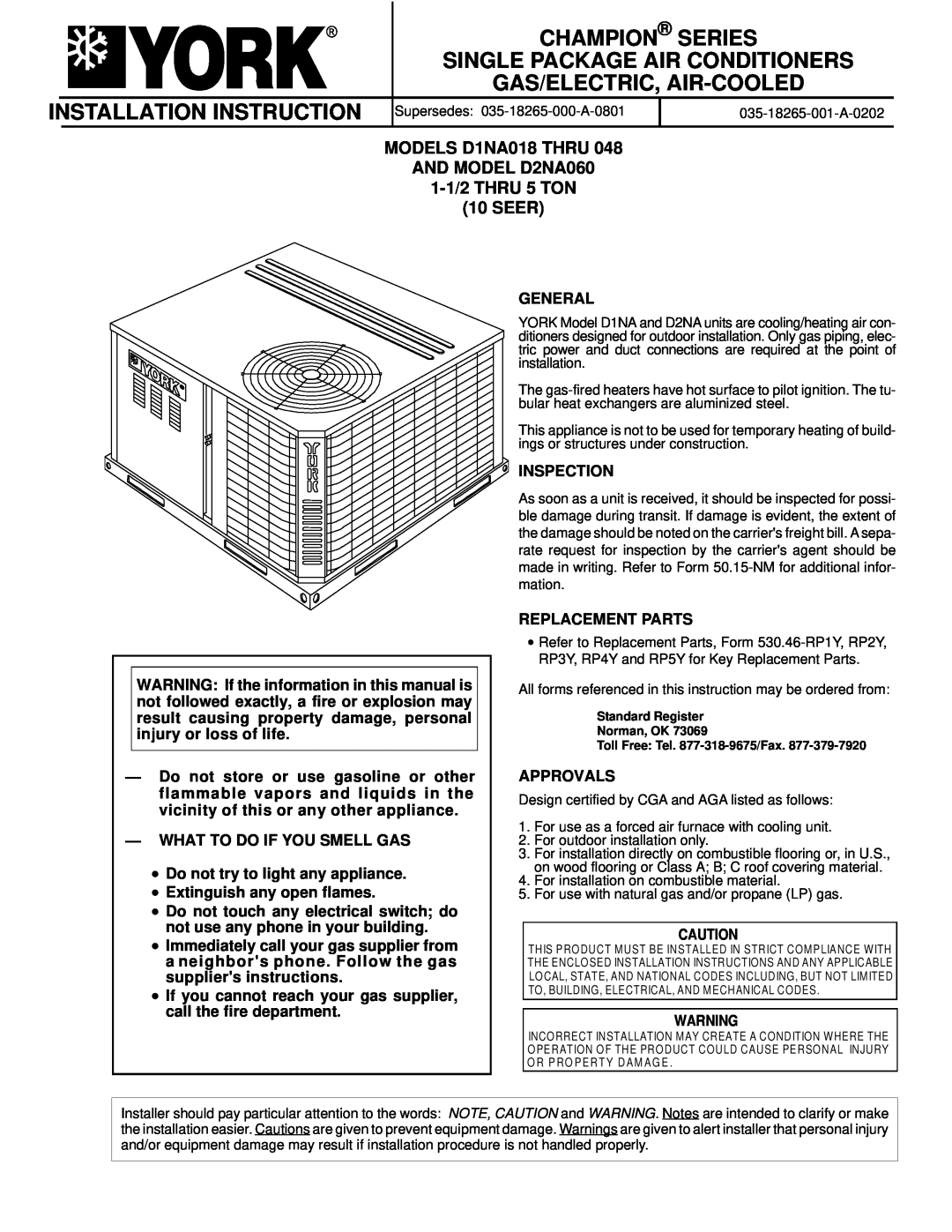 York D1NA018 installation instructions Champion, Series, Installation Instruction, Single Package Air Conditioners 
