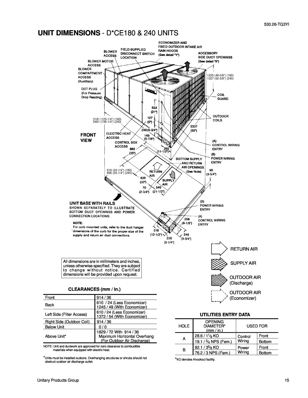 York D3CG, D3CE manual UNIT DIMENSIONS - D*CE180 & 240 UNITS, CLEARANCES mm / in, Utilities Entry Data 