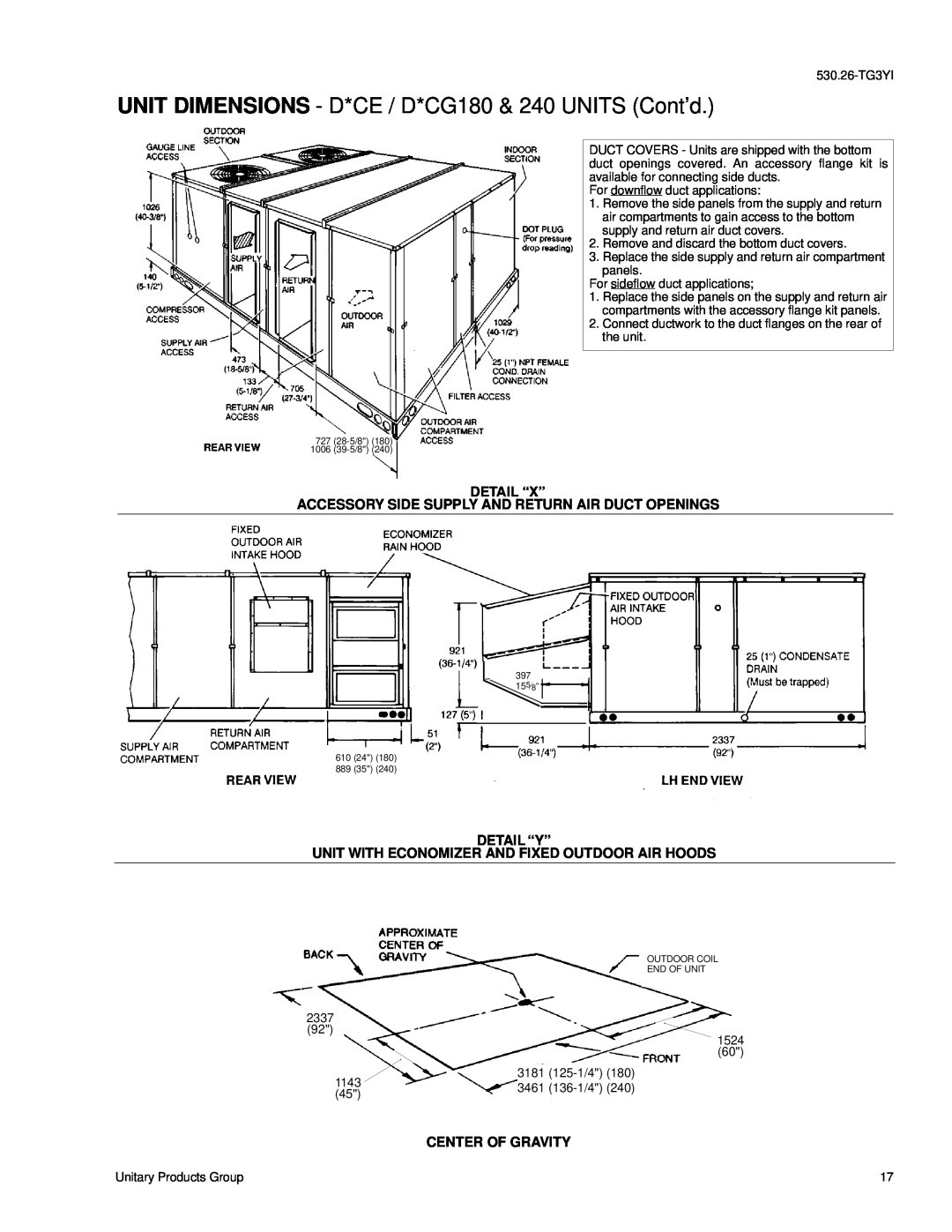 York D3CG, D3CE manual Detail “X”, Detail “Y”, Unit With Economizer And Fixed Outdoor Air Hoods, Center Of Gravity 