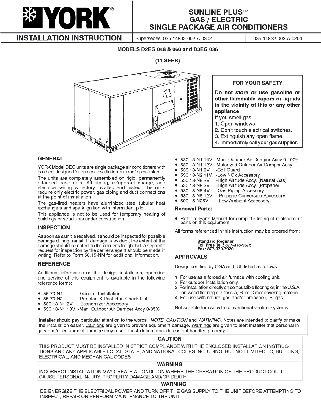 York D2EG 060, D3EG 036, D2EG 048 installation instructions General, Inspection, Reference, For Your Safety, Approvals 