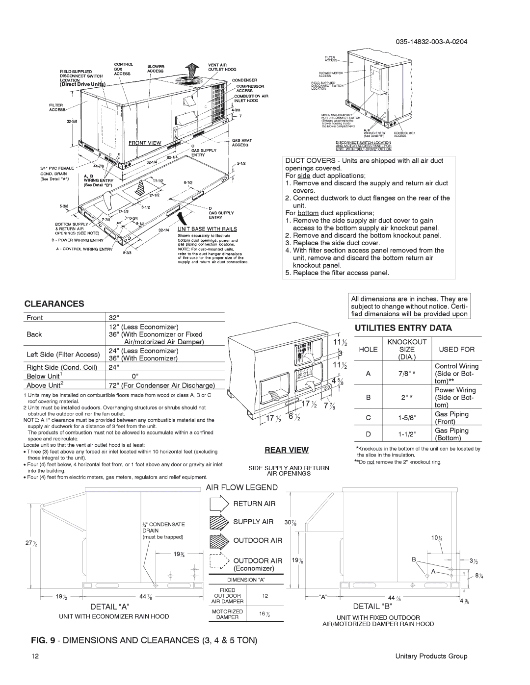 York D3EG 036, D2EG 060, D2EG 048 installation instructions Utilities Entry Data, AIR Flow Legend, Detail a, Detail B 