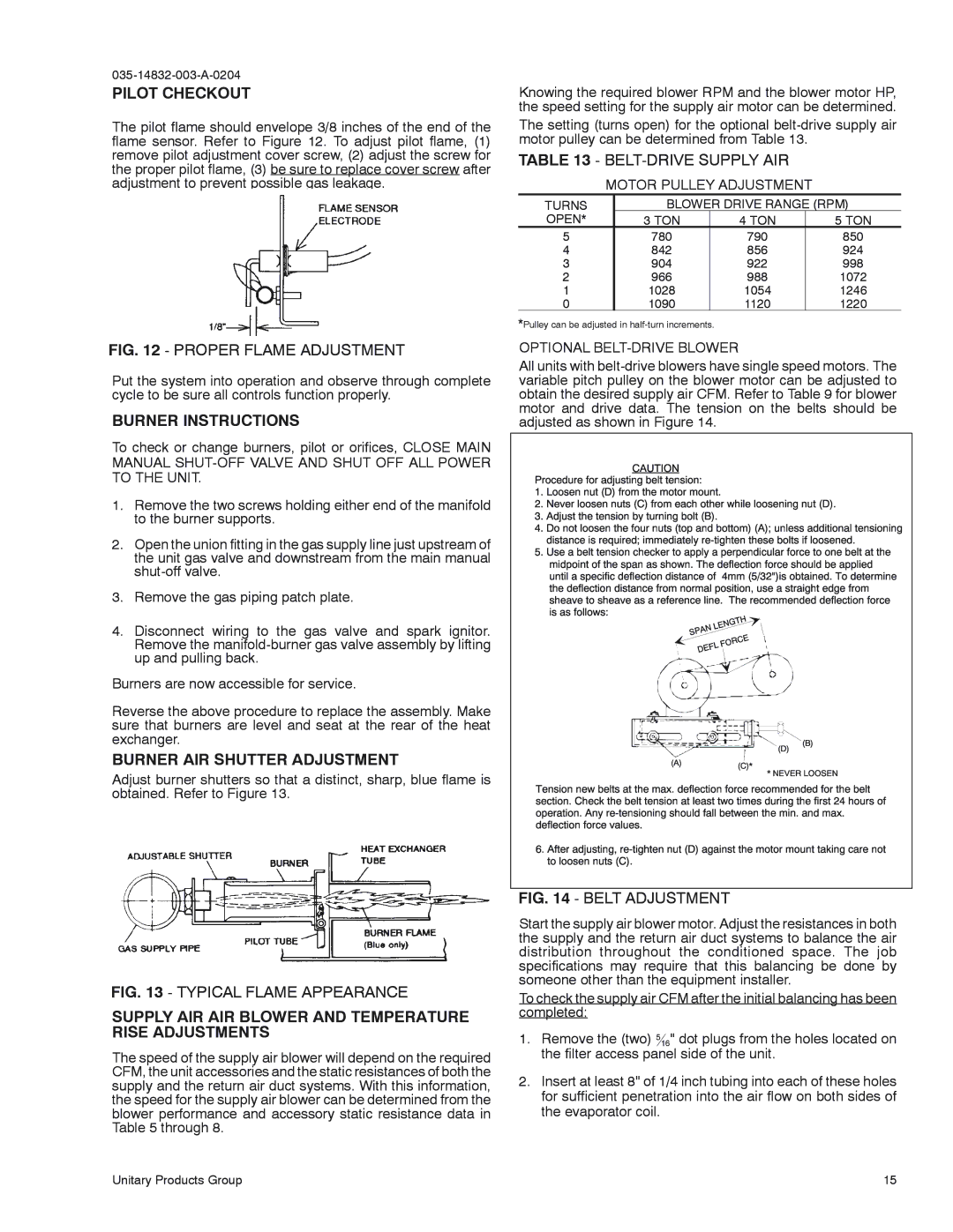 York D3EG 036, D2EG 060, D2EG 048 Pilot Checkout, Burner Instructions, Burner AIR Shutter Adjustment, BELT-DRIVE Supply AIR 