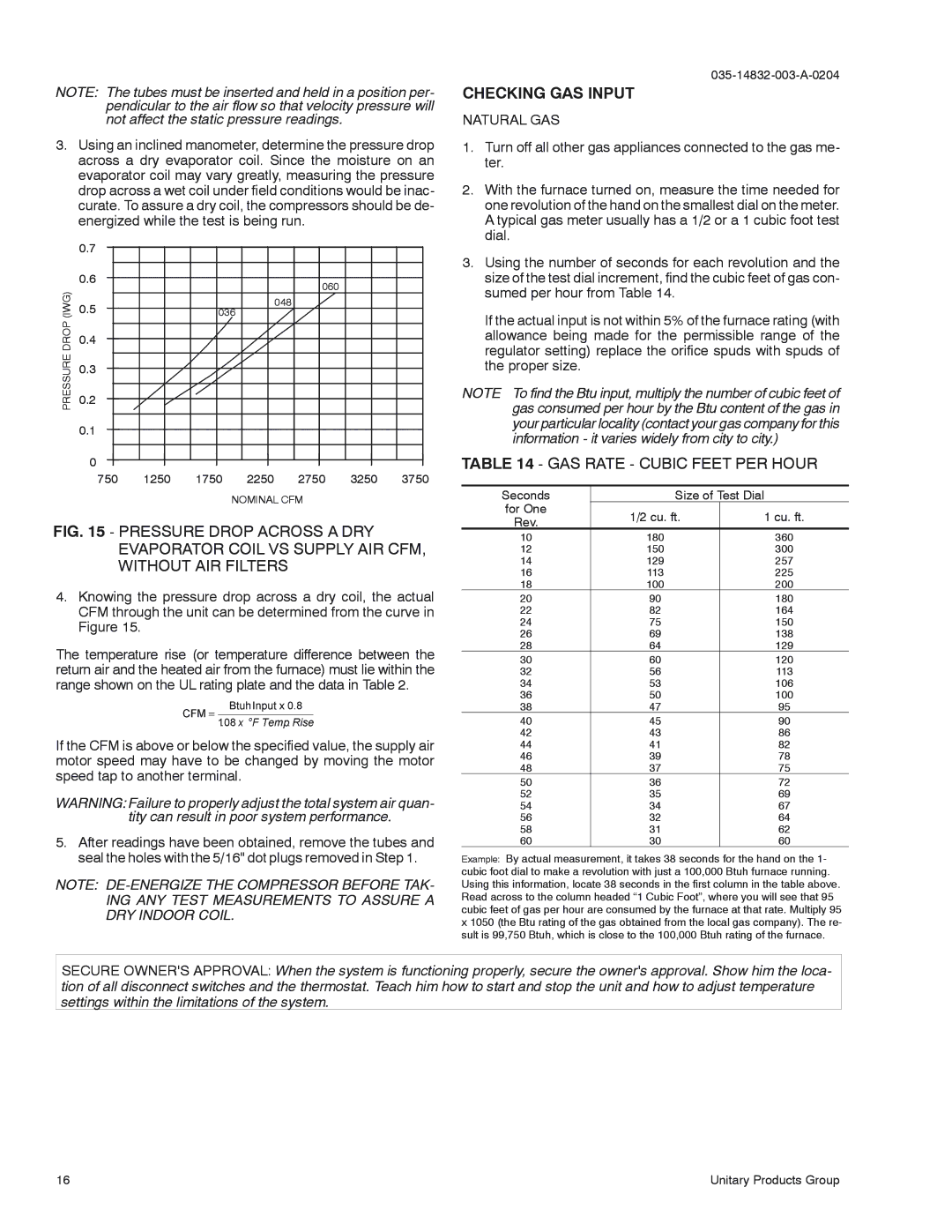 York D2EG 060 Checking GAS Input, GAS Rate Cubic Feet PER Hour, Natural GAS, Seconds Size of Test Dial For One Cu. ft 