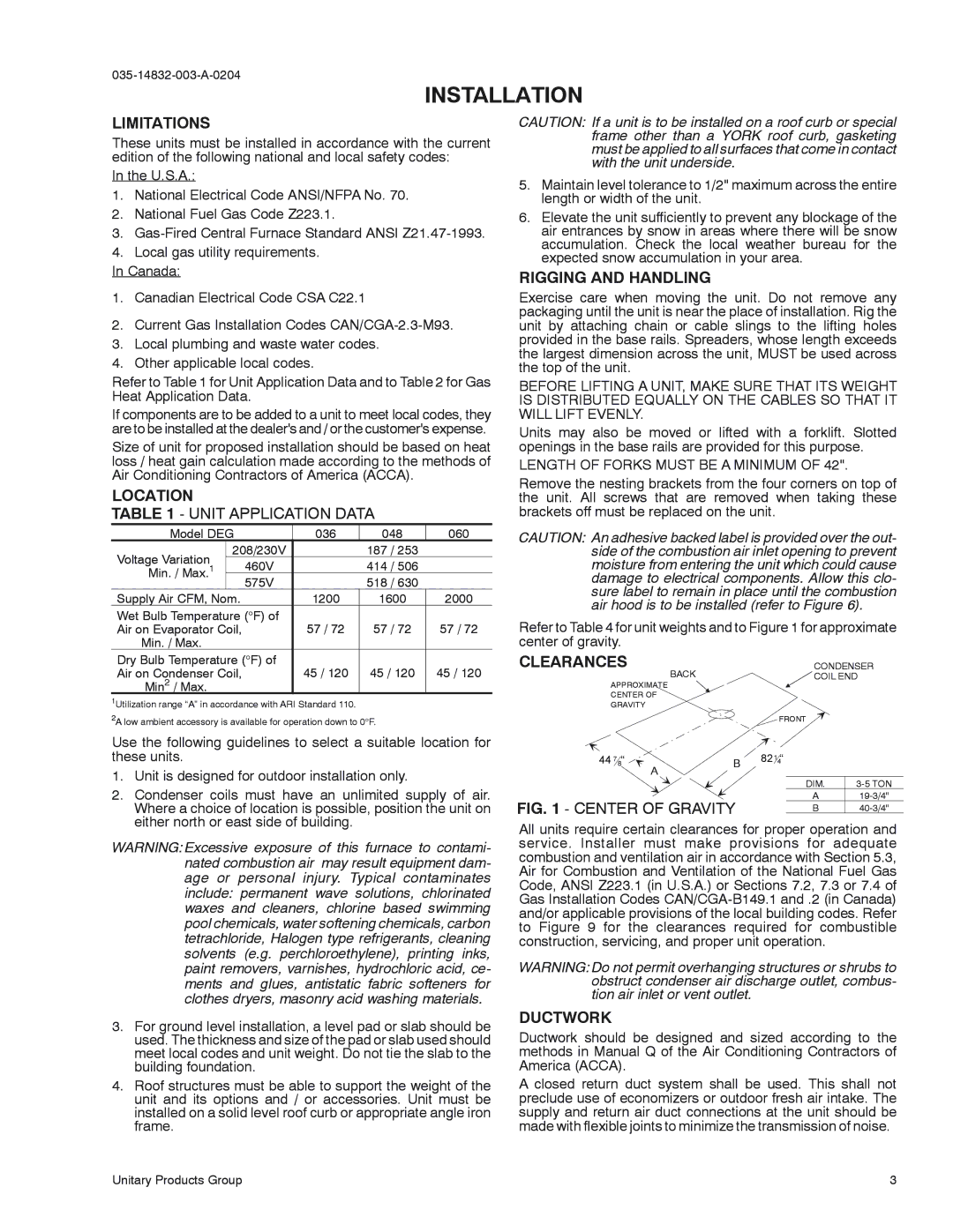 York D3EG 036, D2EG 060, D2EG 048 installation instructions Installation 