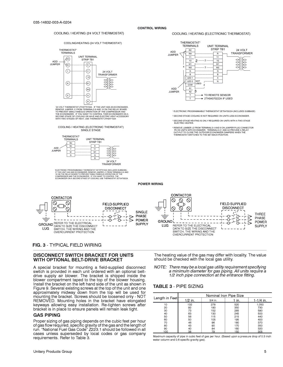 York D2EG 048, D3EG 036 Disconnect Switch Bracket for Units, With Optional BELT-DRIVE Bracket, Pipe Sizing, GAS Piping 