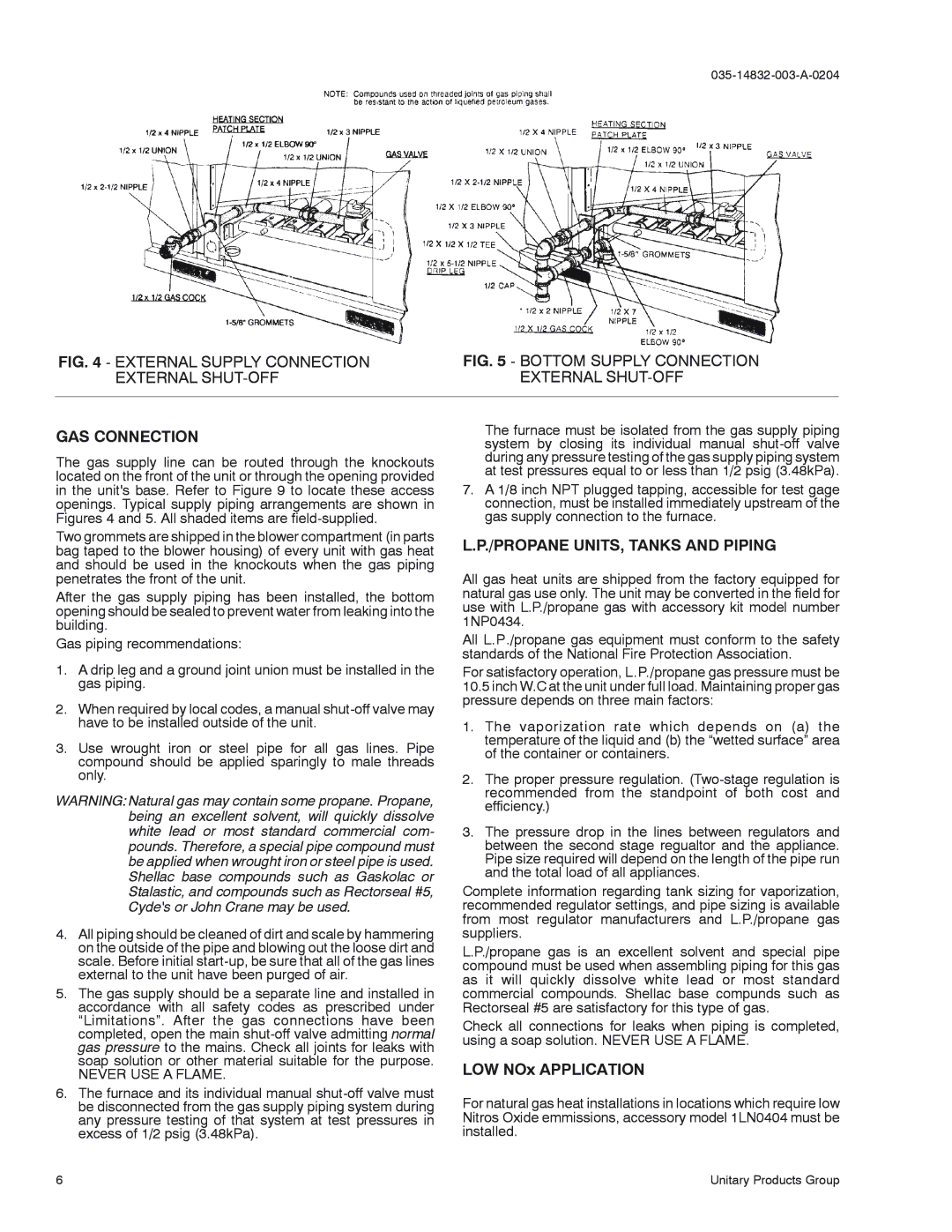 York D3EG 036 External SHUT-OFF, GAS Connection, Propane UNITS, Tanks and Piping, LOW NOx Application, Never USE a Flame 