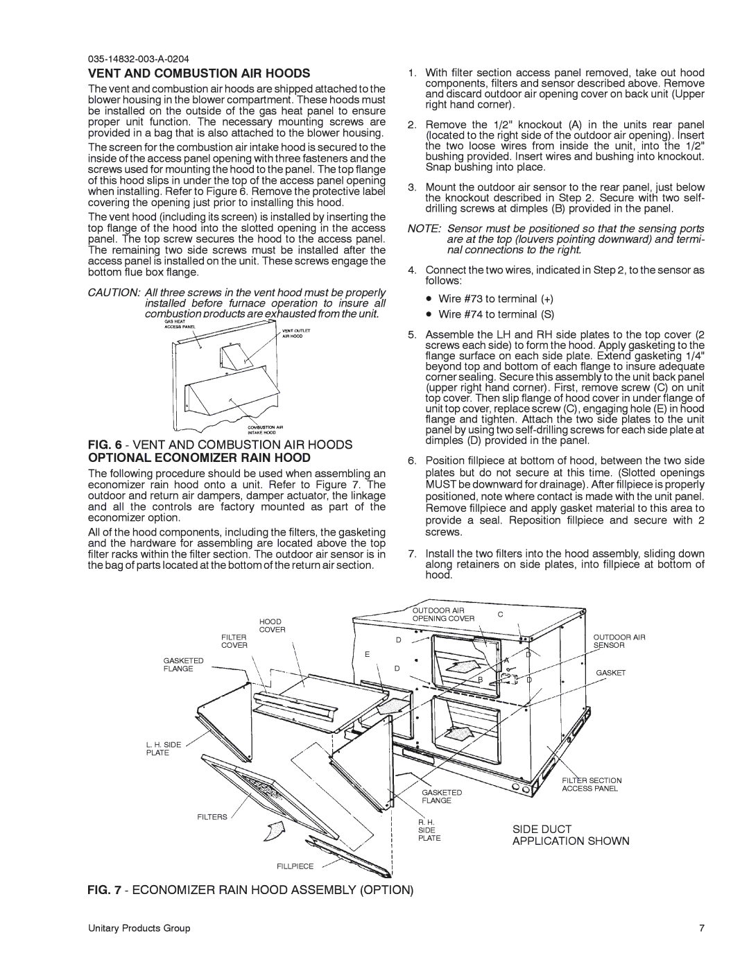 York D2EG 060, D3EG 036 Vent and Combustion AIR Hoods, Optional Economizer Rain Hood, Side Duct, Application Shown 