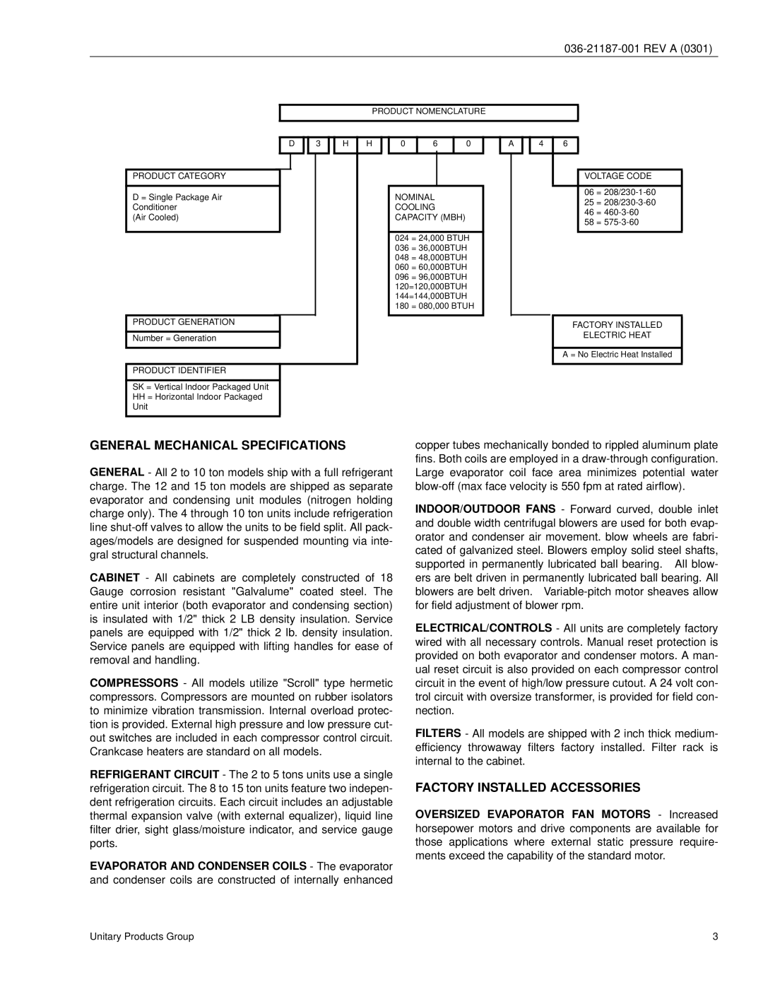 York D3HH 180, D3HH 024 manual General Mechanical Specifications, Factory Installed Accessories 