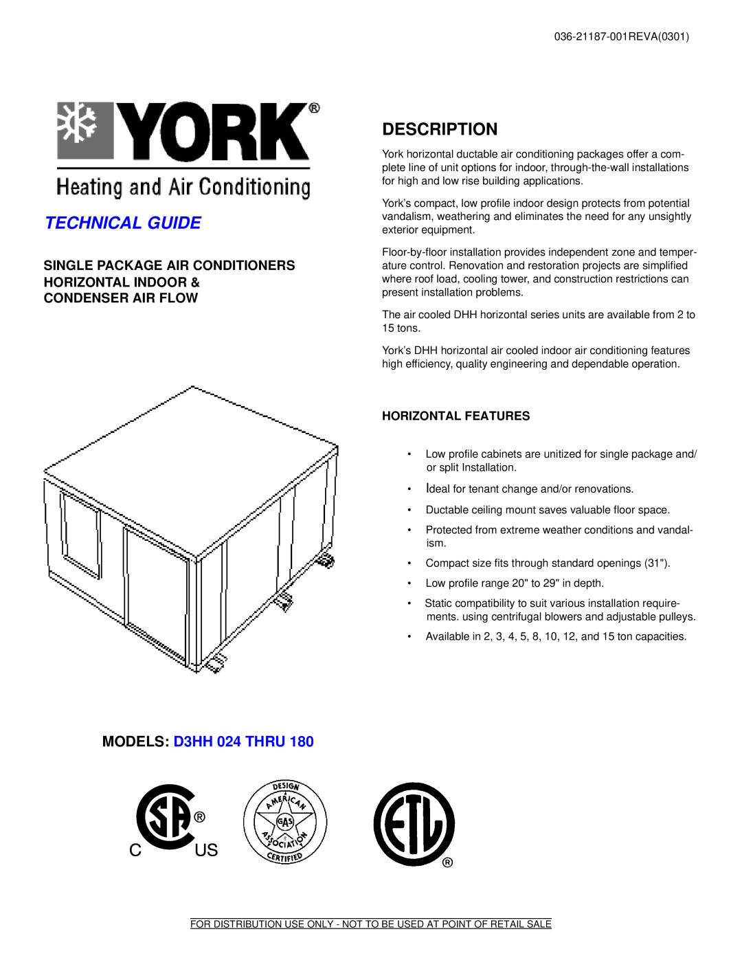York D3HH 180 manual Horizontal Features, Technical Guide, Description, MODELS D3HH 024 THRU 