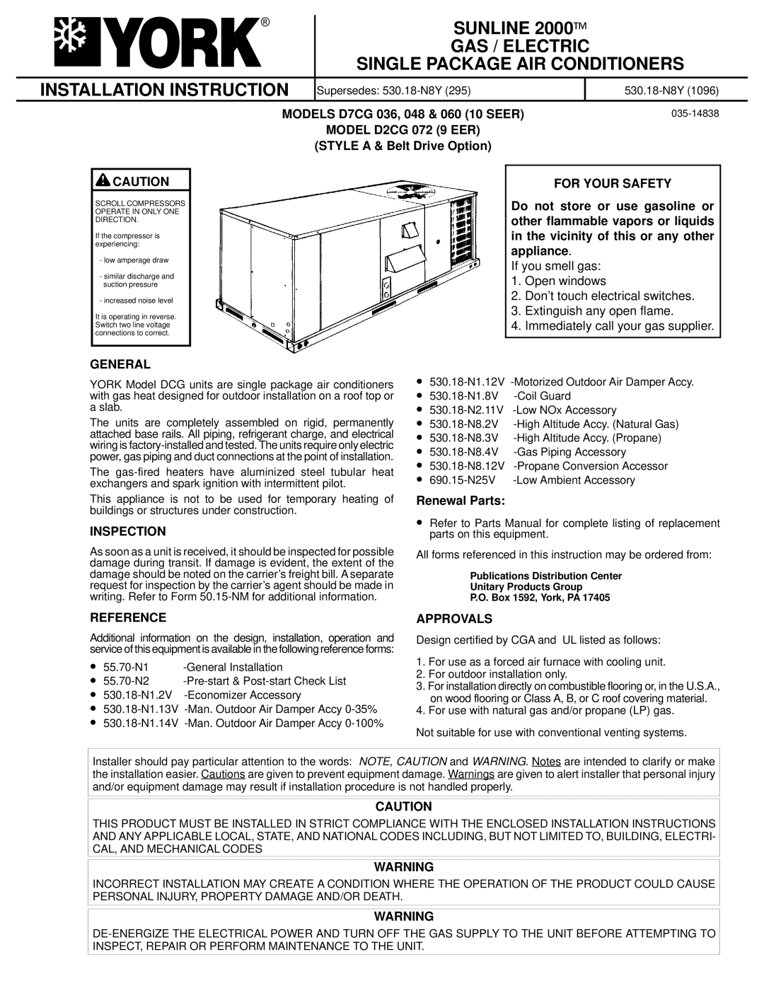 York D7CG 048, D7CG 036 installation instructions Sunline, Single Package AIR Conditioners, Installation Instruction 