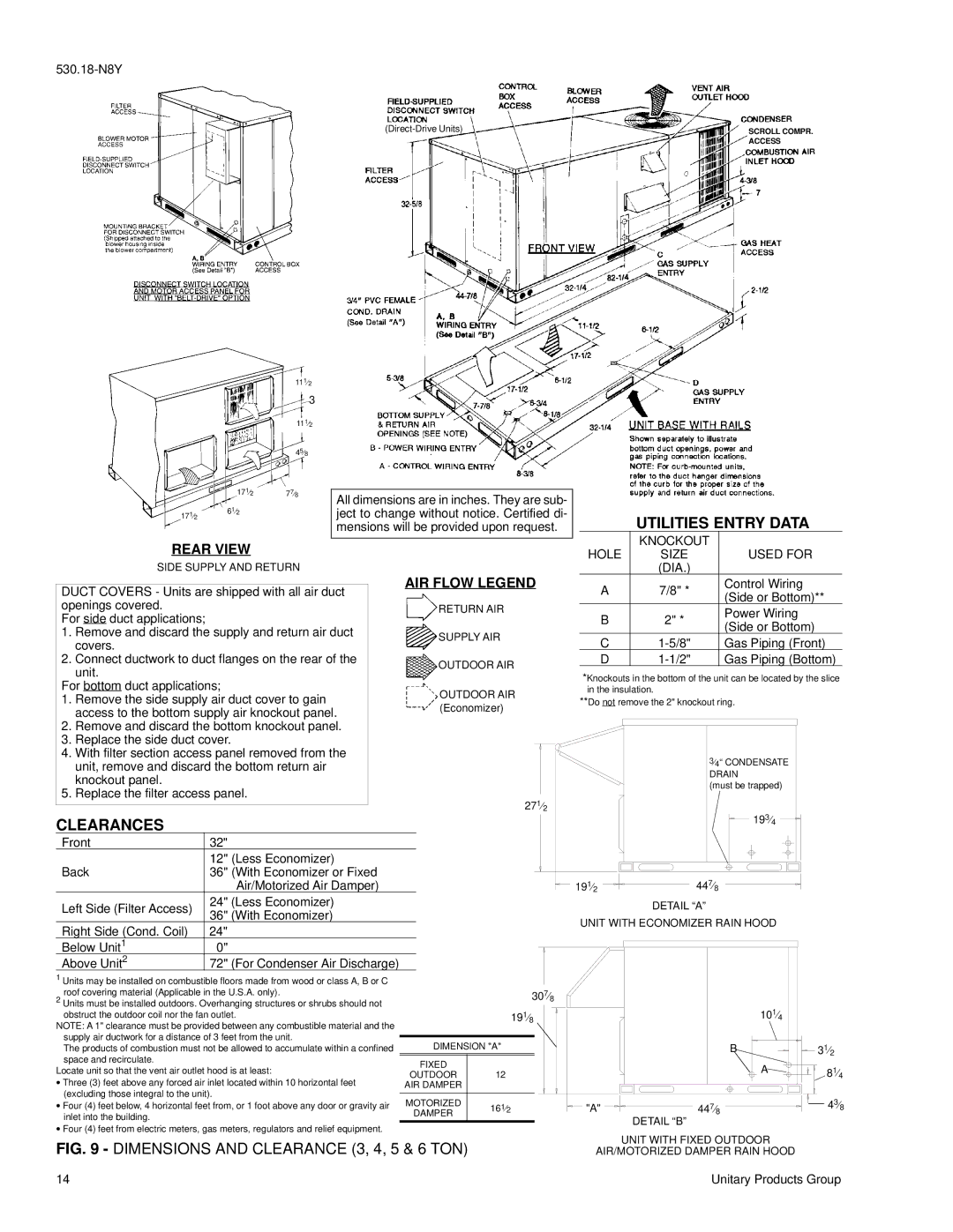 York D7CG 060, D7CG 036, D7CG 048, D2CG 072 installation instructions Utilities Entry Data, Knockout Hole Size Used for 