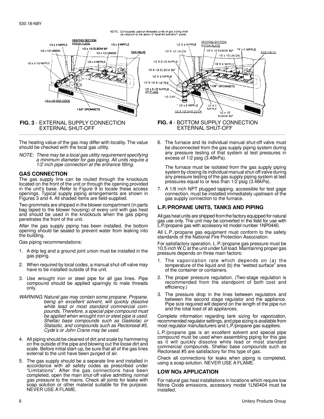 York D7CG 060, D7CG 036, D7CG 048 External SHUT-OFF, GAS Connection, Propane UNITS, Tanks and Piping, Never USE a Flame 