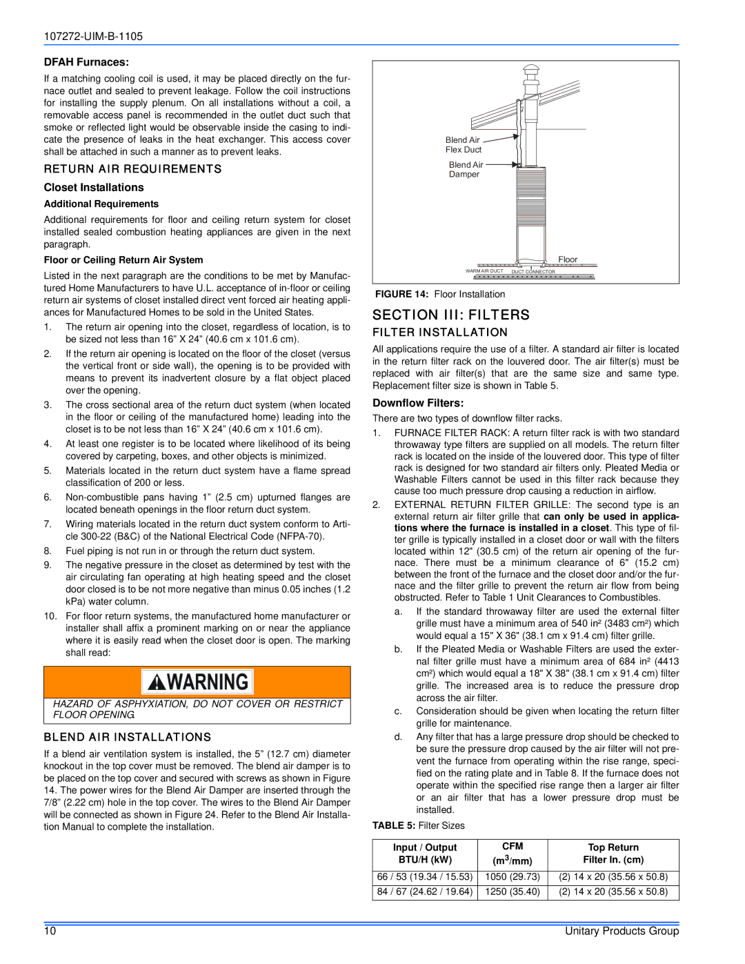 York DFAH, DFAA installation manual Section III Filters, Return AIR Requirements, Blend AIR Installations 