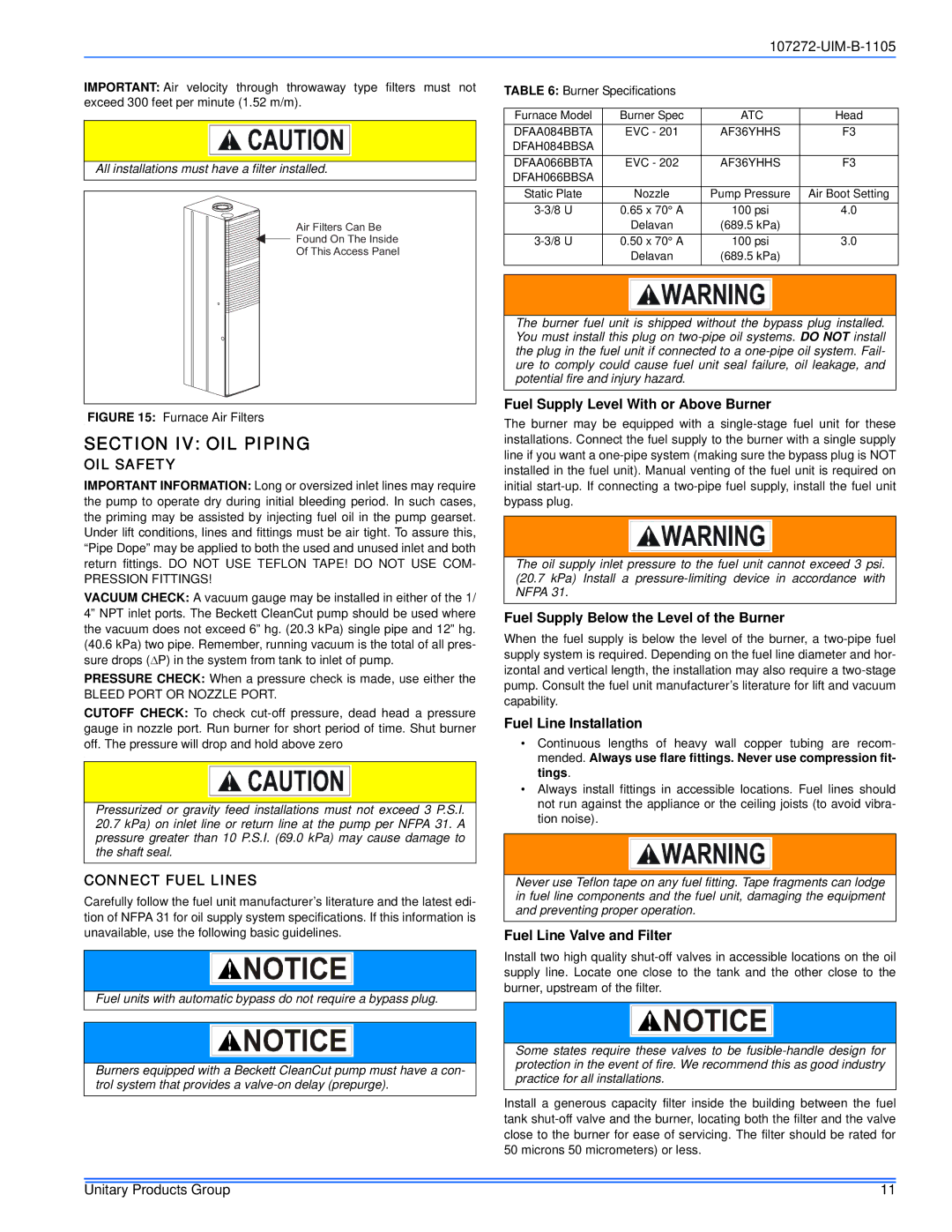 York DFAA, DFAH installation manual Section IV OIL Piping, OIL Safety, Connect Fuel Lines 