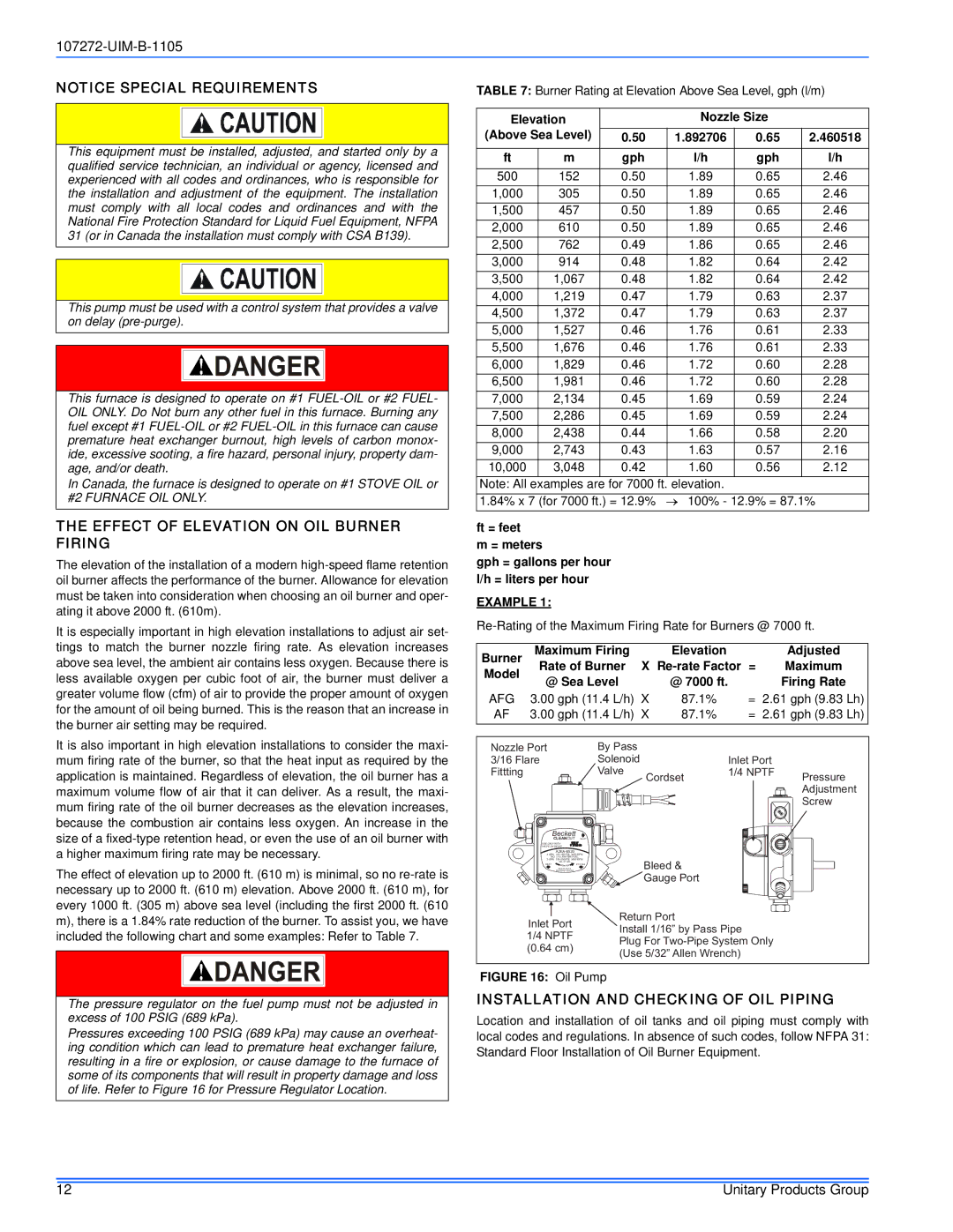 York DFAH, DFAA Effect of Elevation on OIL Burner Firing, Installation and Checking of OIL Piping, Example, Afg 