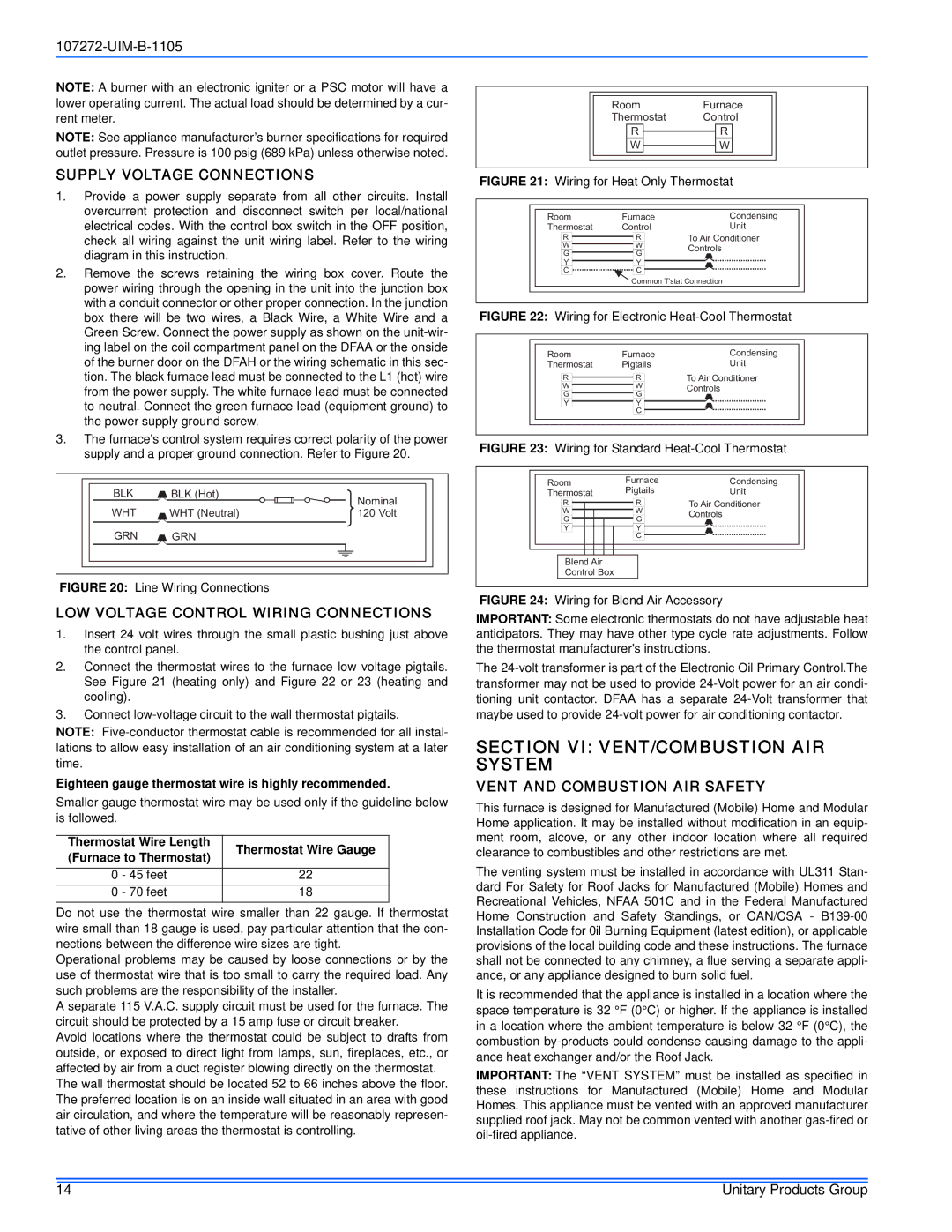 York DFAH, DFAA Section VI VENT/COMBUSTION AIR System, Supply Voltage Connections, LOW Voltage Control Wiring Connections 