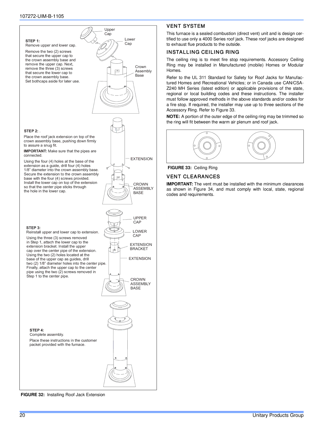 York DFAH, DFAA installation manual Vent System, Installing Ceiling Ring, Vent Clearances 