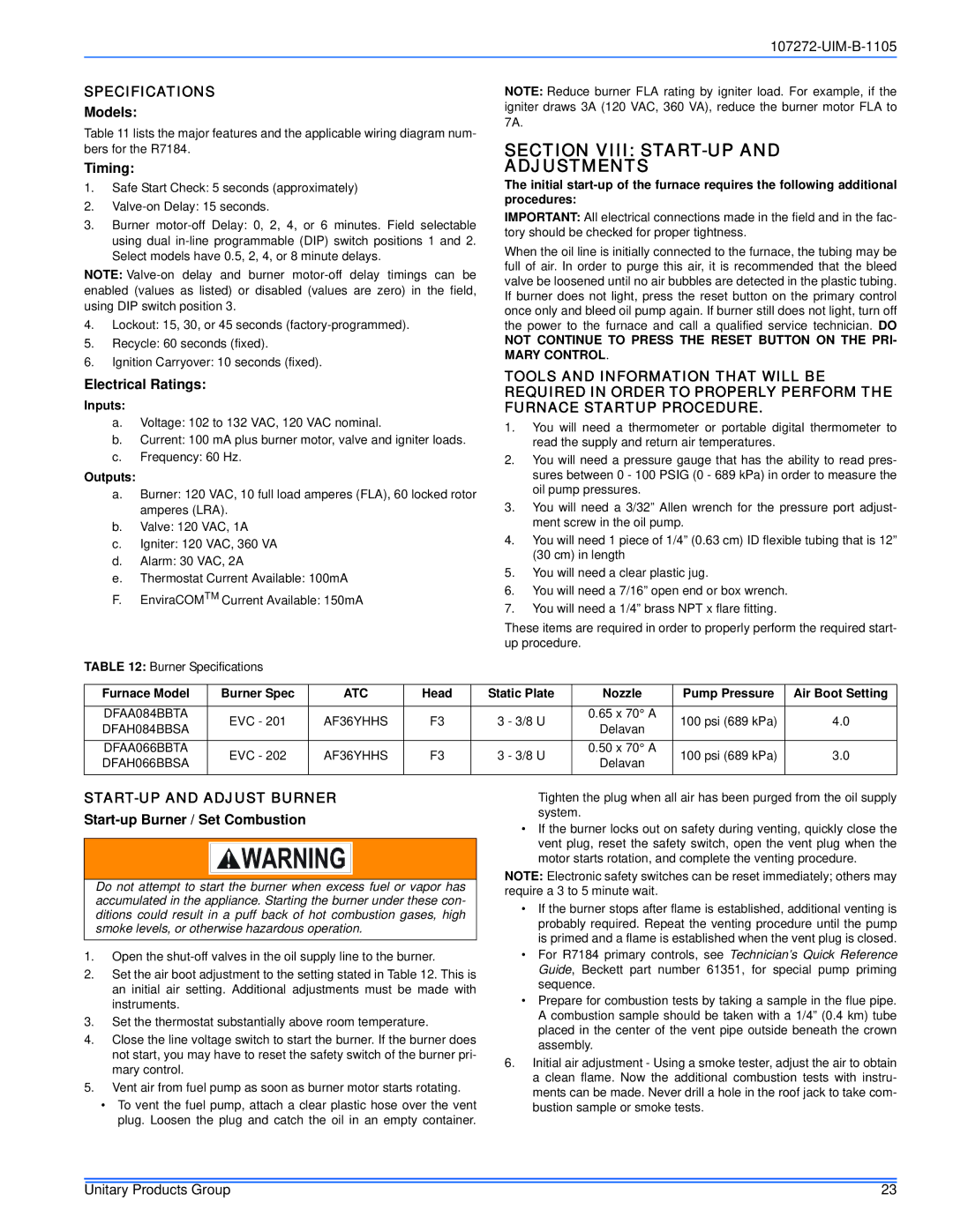 York DFAA, DFAH installation manual Section Viii START-UP Adjustments, Specifications, START-UP and Adjust Burner 