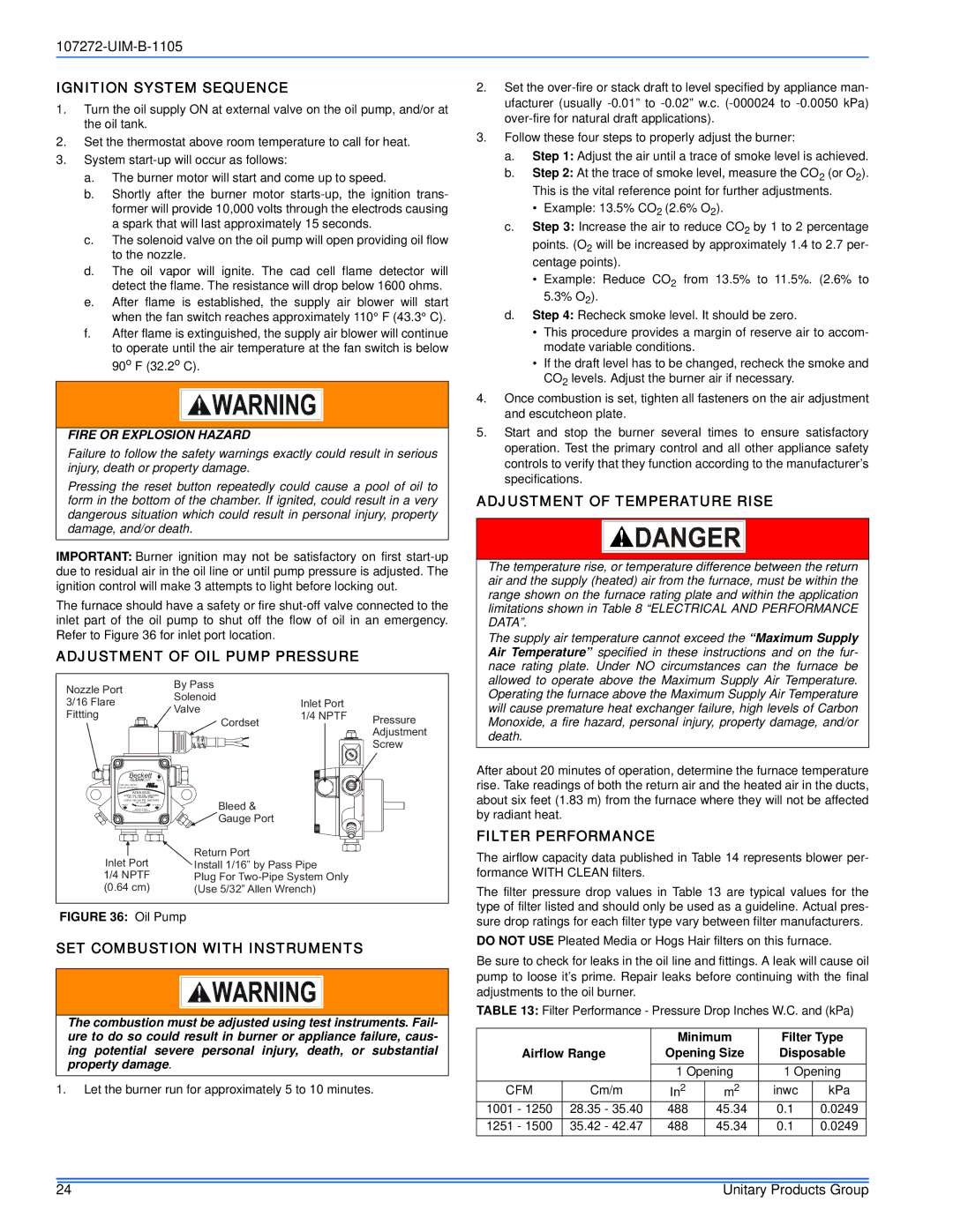 York DFAH Ignition System Sequence, Adjustment of OIL Pump Pressure, SET Combustion with Instruments, Filter Performance 