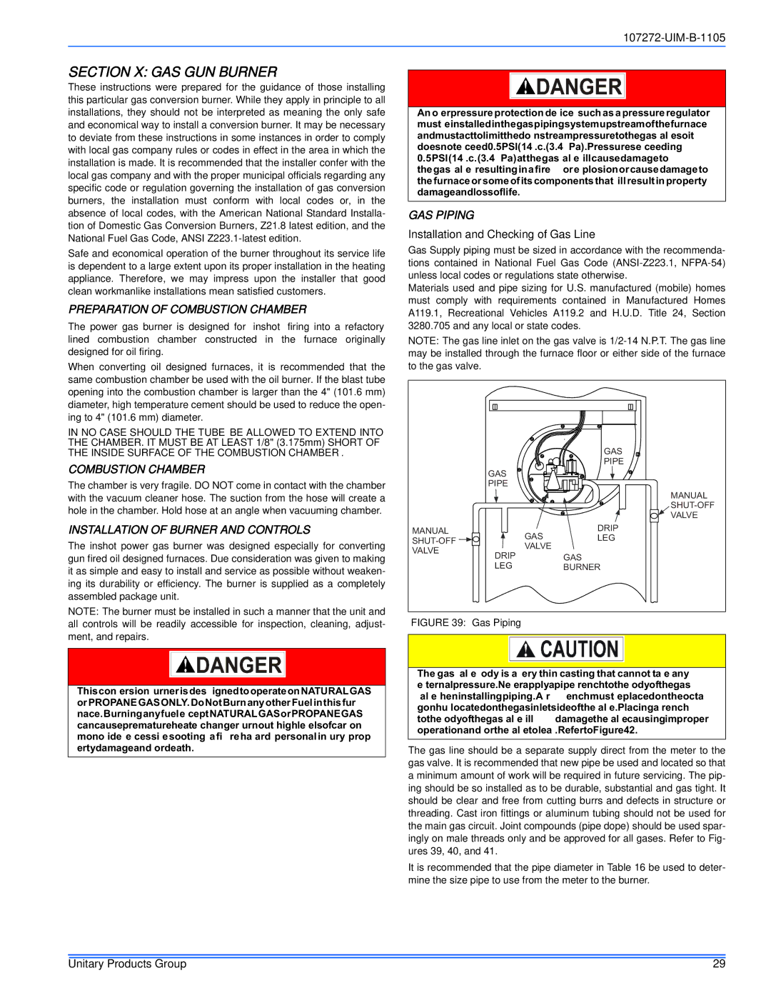 York DFAA Section X GAS GUN Burner, Preparation of Combustion Chamber, GAS Piping, Installation of Burner and Controls 