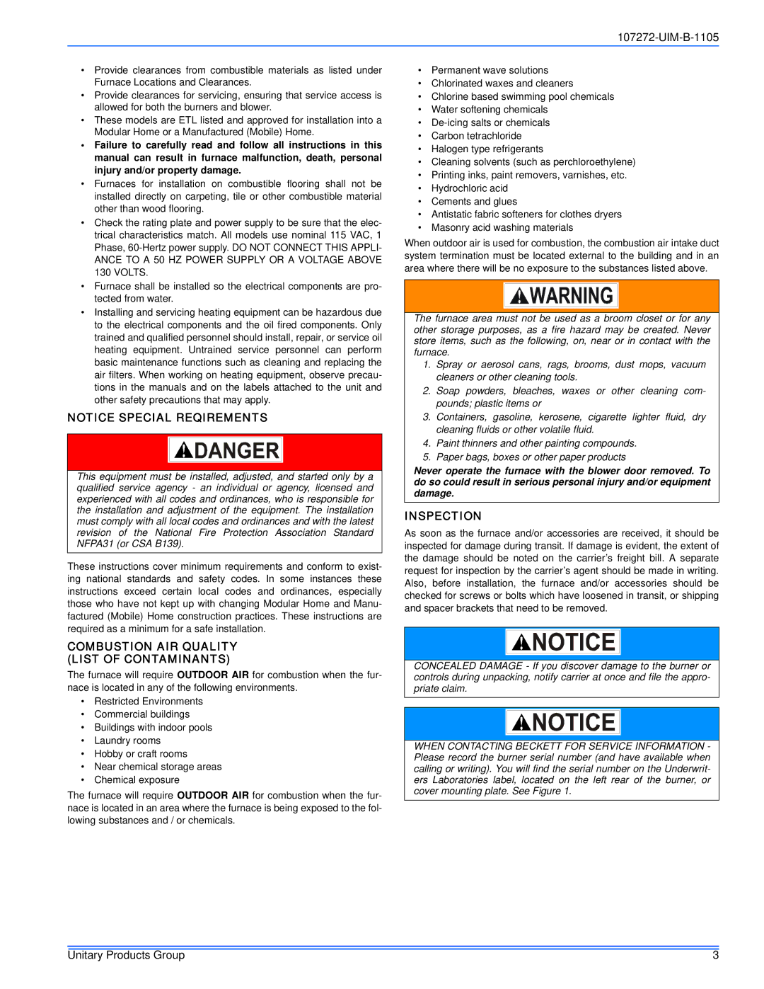 York DFAA, DFAH installation manual Combustion AIR Quality List of Contaminants, Inspection 