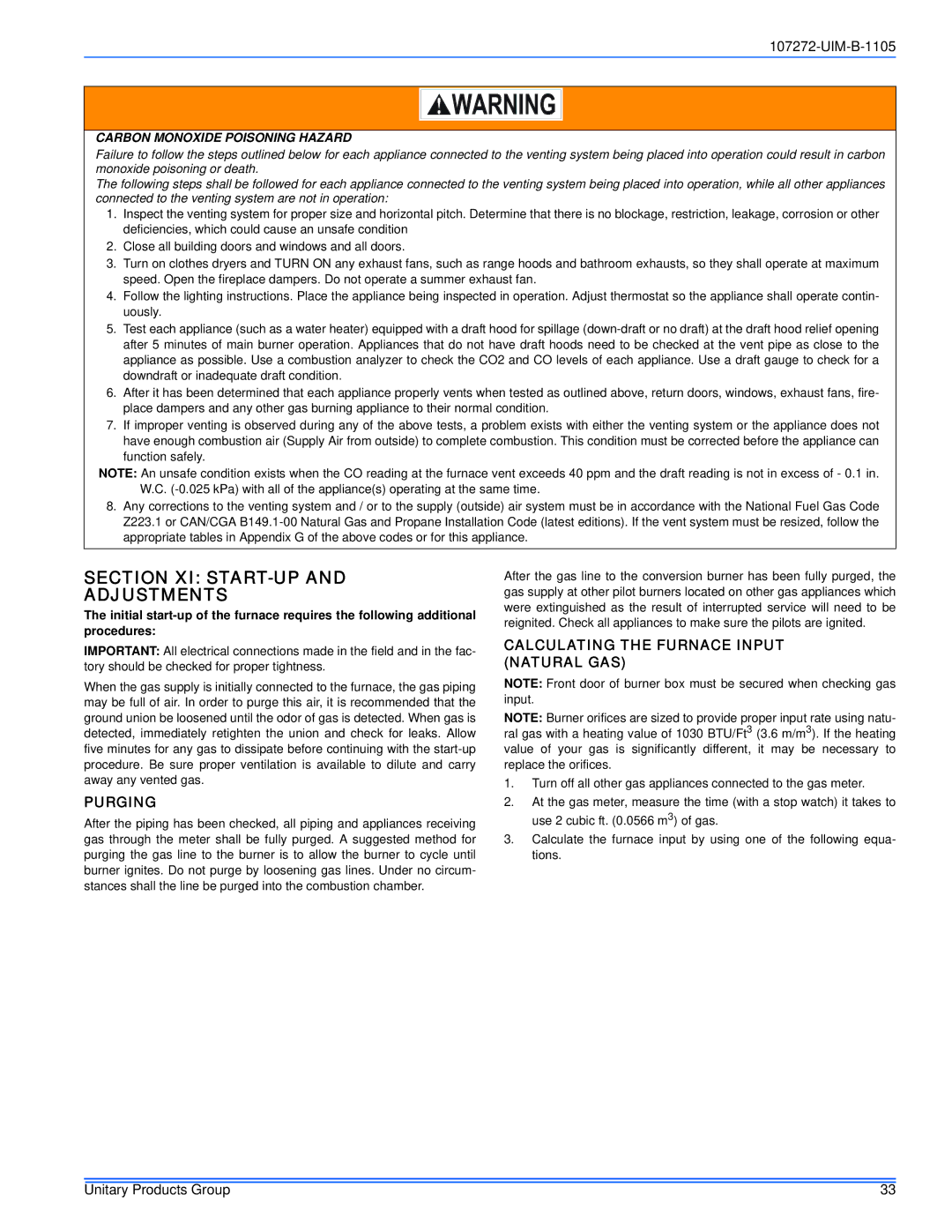 York DFAA, DFAH installation manual Section XI START-UP Adjustments, Purging, Calculating the Furnace Input Natural GAS 