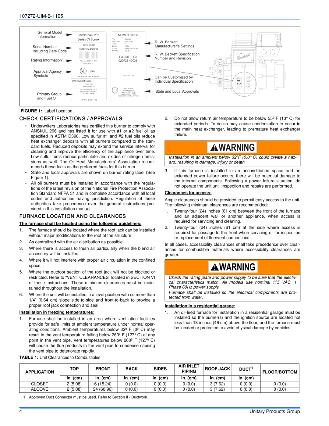 York DFAH, DFAA installation manual Check Certifications / Approvals, Furnace Location and Clearances, Piping FLOOR/BOTTOM 