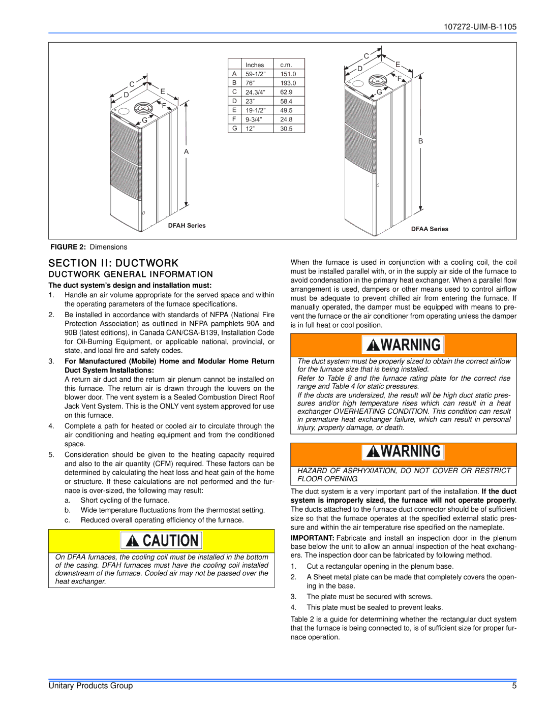 York DFAA, DFAH Section II Ductwork, Ductwork General Information, Duct system’s design and installation must 