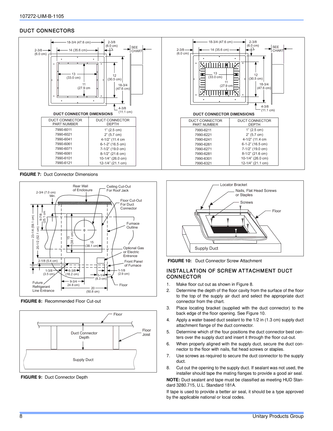 York DFAH, DFAA installation manual Duct Connectors, Installation of Screw Attachment Duct Connector 