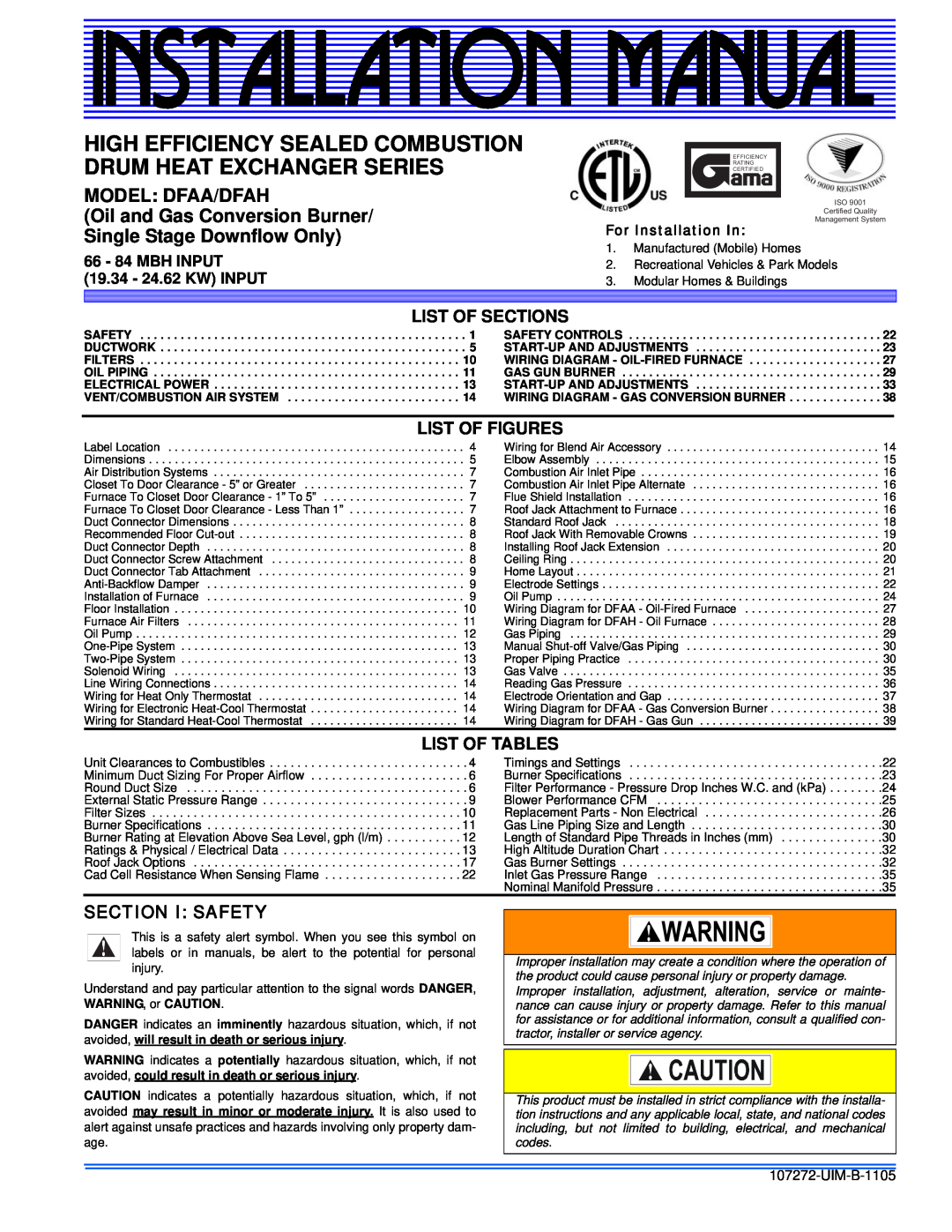 York DFAA installation manual List Of Sections, List Of Figures, List Of Tables, Section I: Safety, For Installation In 