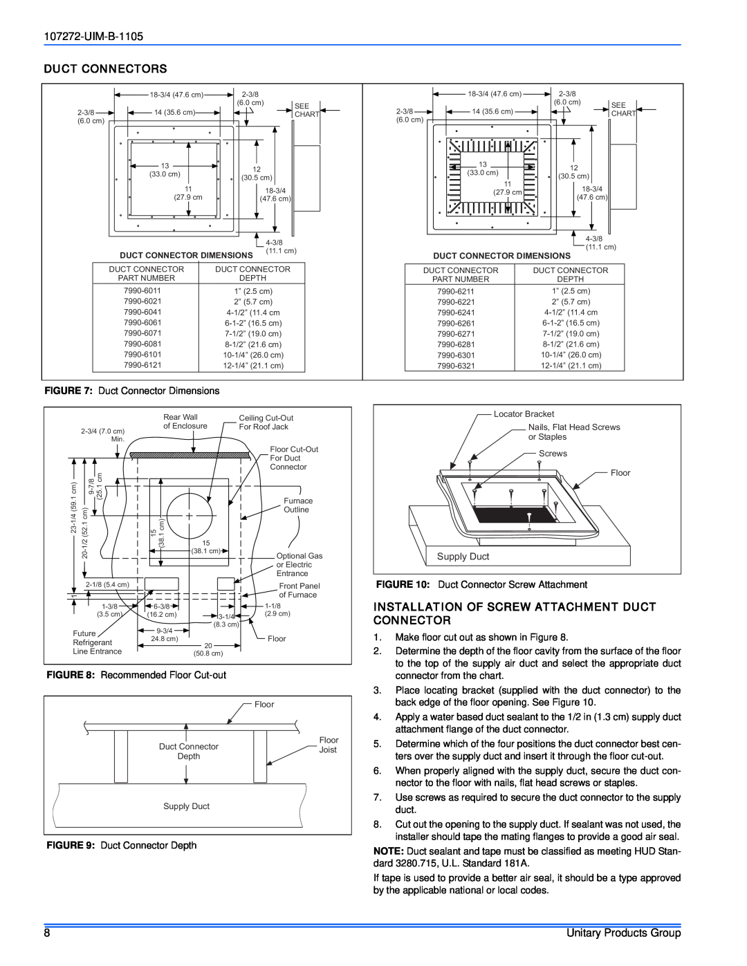 York DFAH, DFAA installation manual Duct Connectors, Installation Of Screw Attachment Duct Connector, UIM-B-1105 