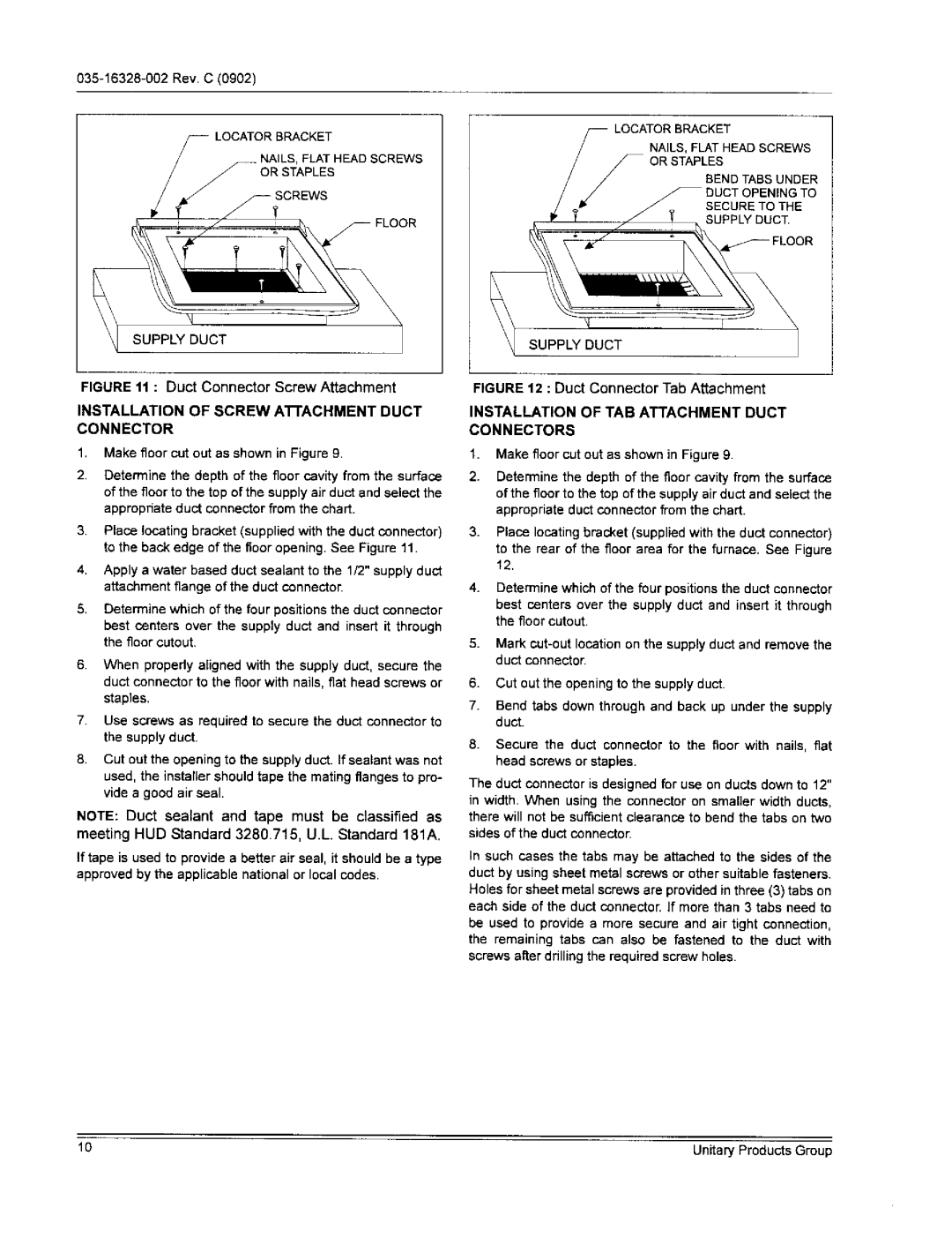 York DGPA070ABTA warranty Installation of Screw Abachmentduct Connector, Installation of TAB Attachment Duct Connectors 