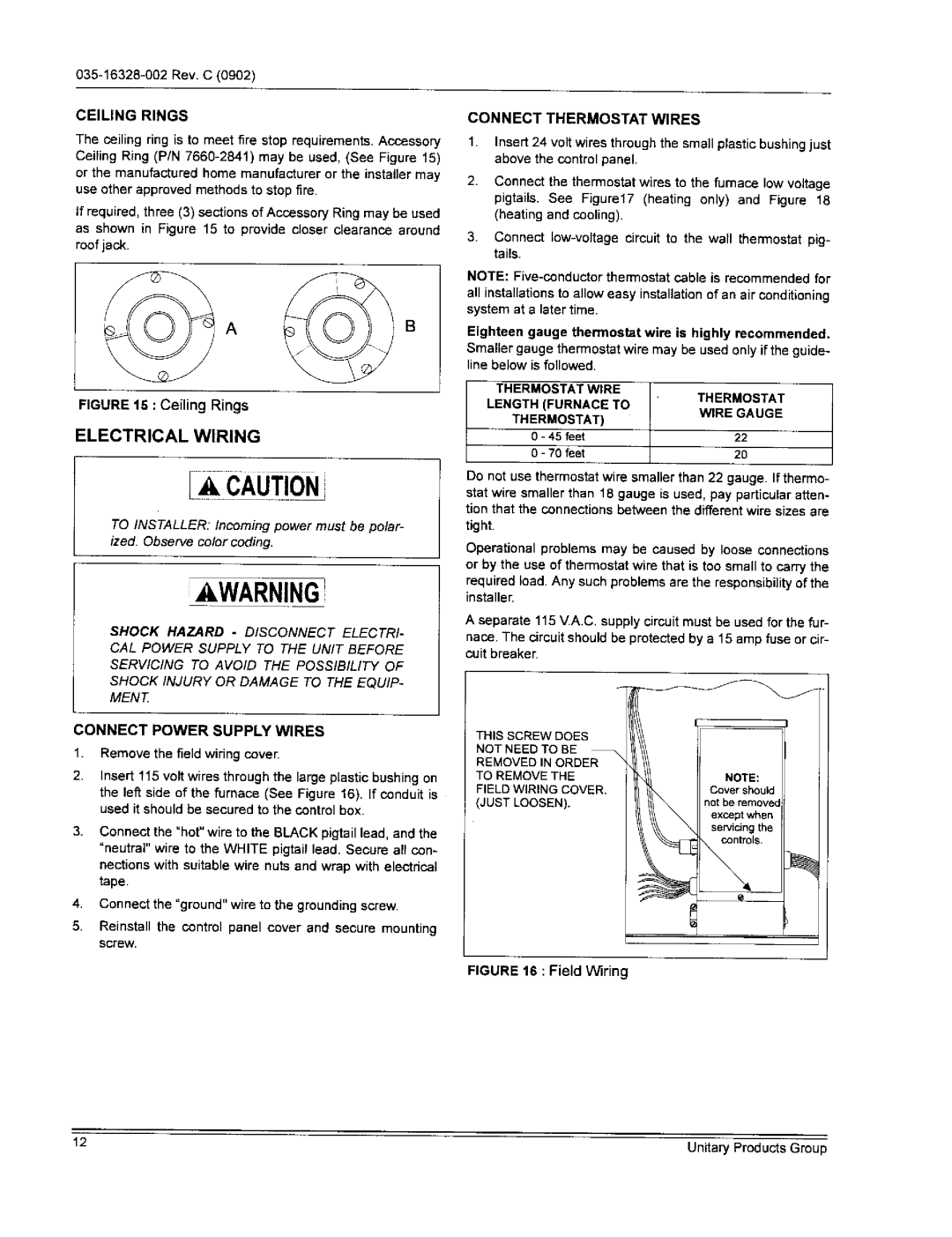 York DGAAO77BDTA, DGPHO56ABTA Ceiling Rings, Electrical Wiring, Connect Power Supply Wires, Connect Thermostat Wires 