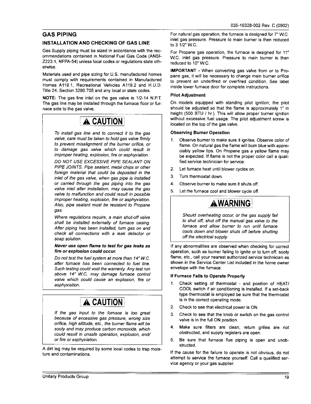 York DGPA077ABTA warranty GAS Piping, Installation and Checking of GAS Line, Pilot Adjustment, Observing Burner Operation 