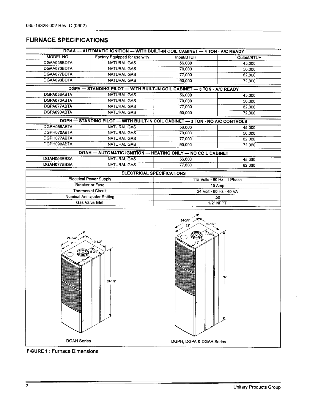 York DGAAO9OBDTA, DGPHO56ABTA, DGPHO70ABTA, DGAA056BDTA, DGPH077ABTA warranty Furnace Specifications, Electrical Specifications 