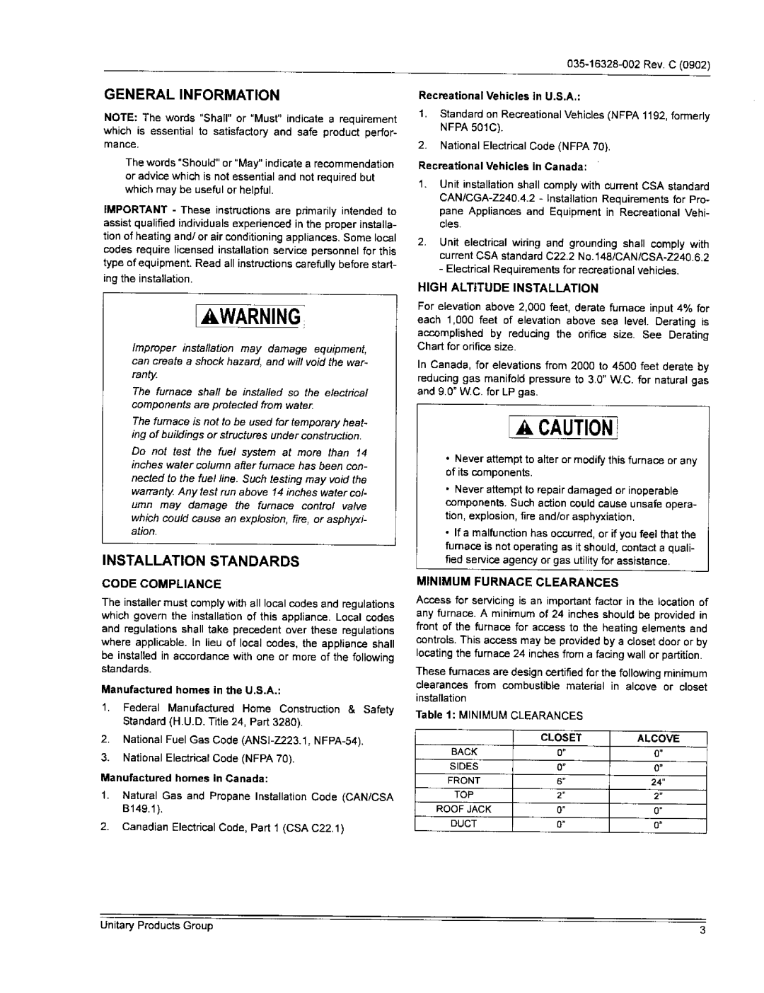 York DGAA056BDTA, DGPHO56ABTA General Information, Installation Standards, Codecompliance, High Altitude Installation 