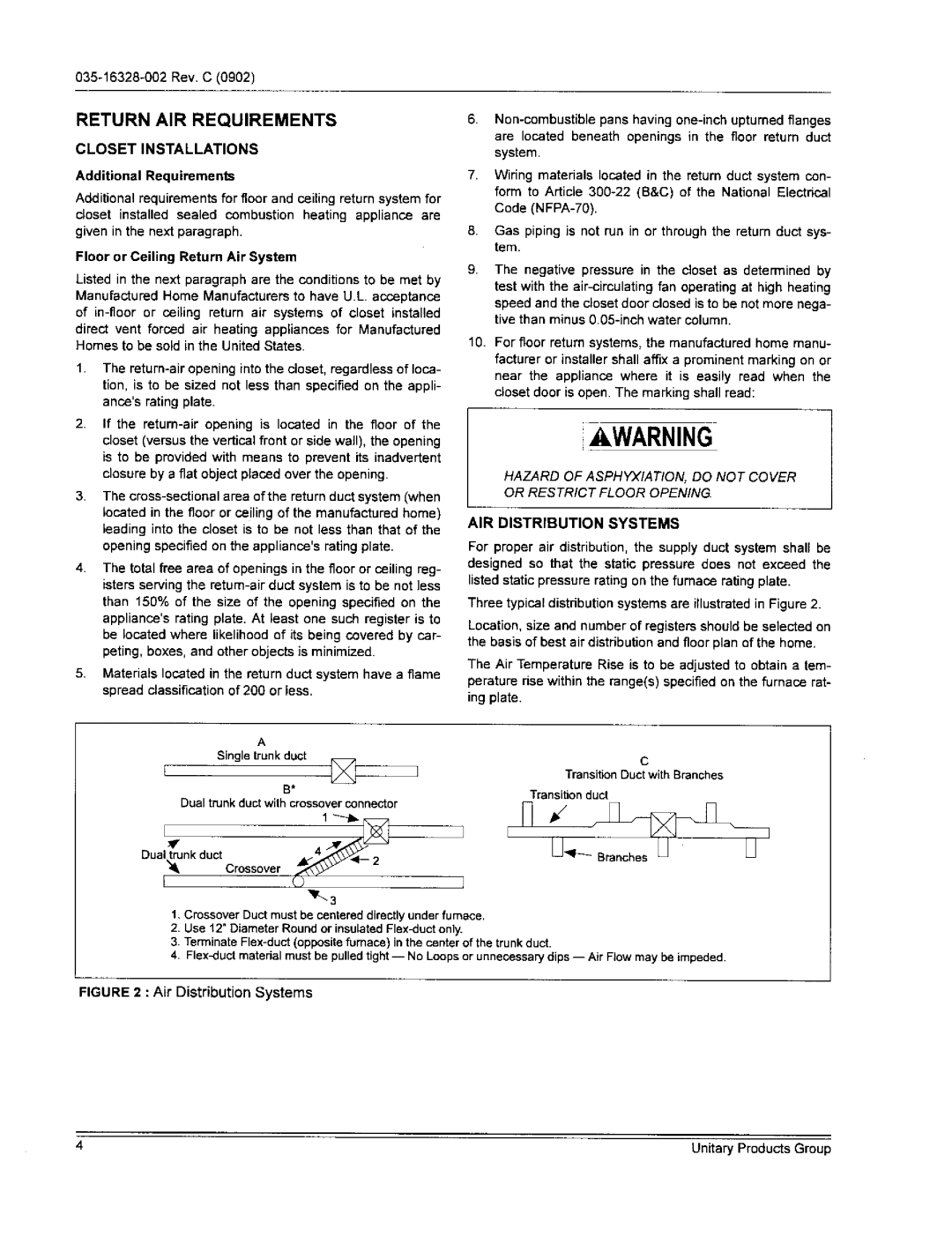 York DGPH077ABTA, DGPHO56ABTA Return AIR Requirements, AIR Distribution Systems, Closet Installations, Transition duct 