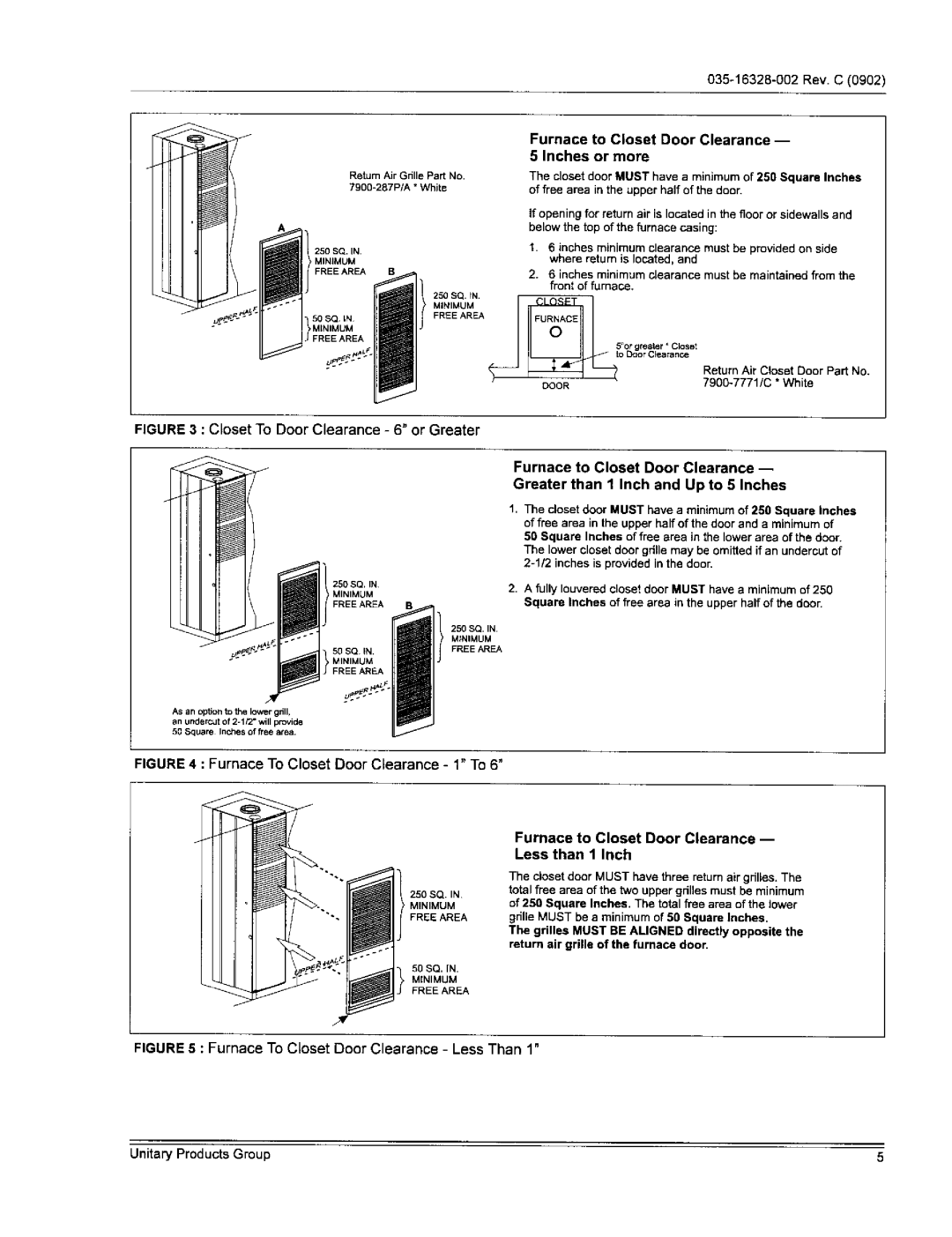 York DGPA077ABTA, DGPHO56ABTA Furnace to Closet Door Clearance 5 Inches or more, Greater than 1 Inch and Up to 5 Inches 