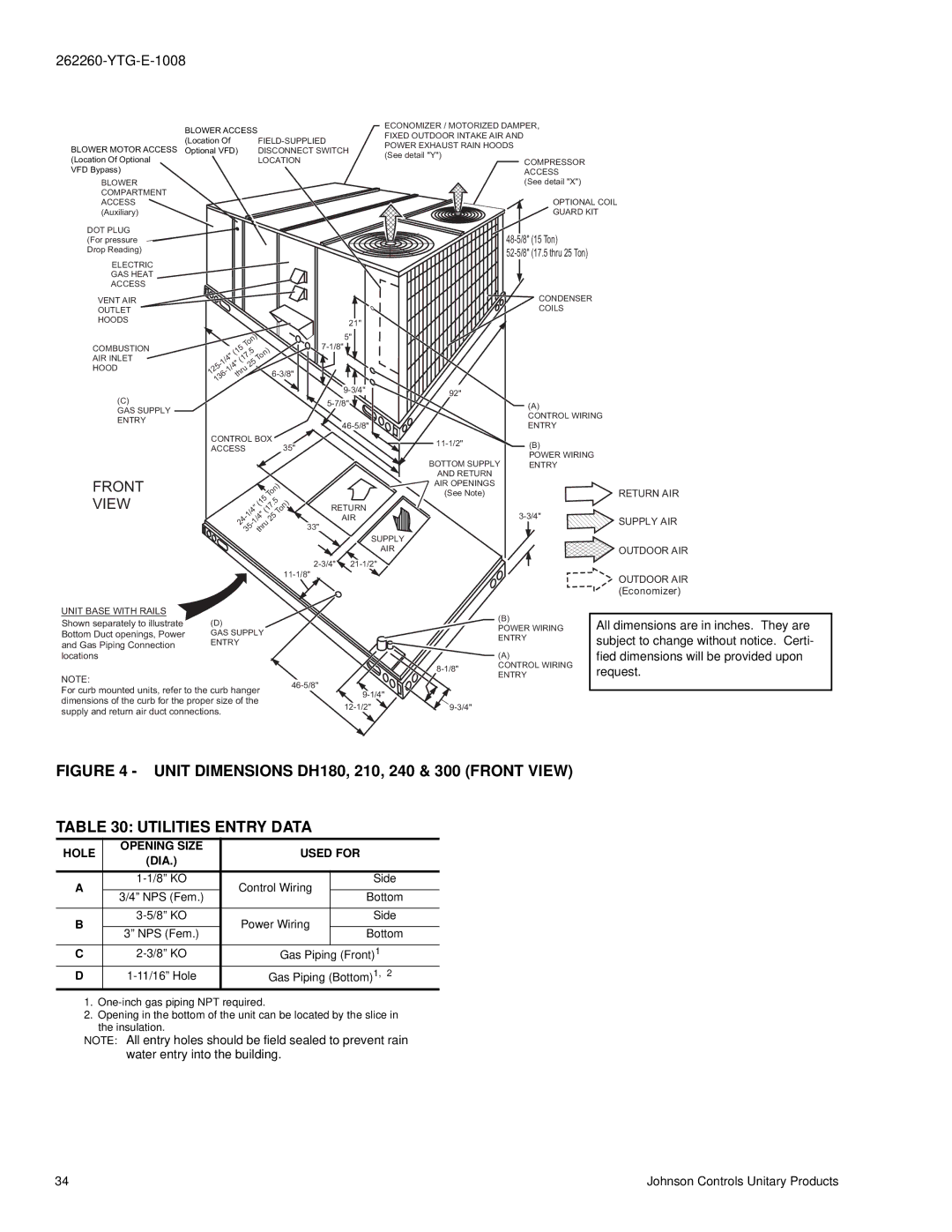 York DH 300, DH 210, DH 180, DH 240 warranty Front View 