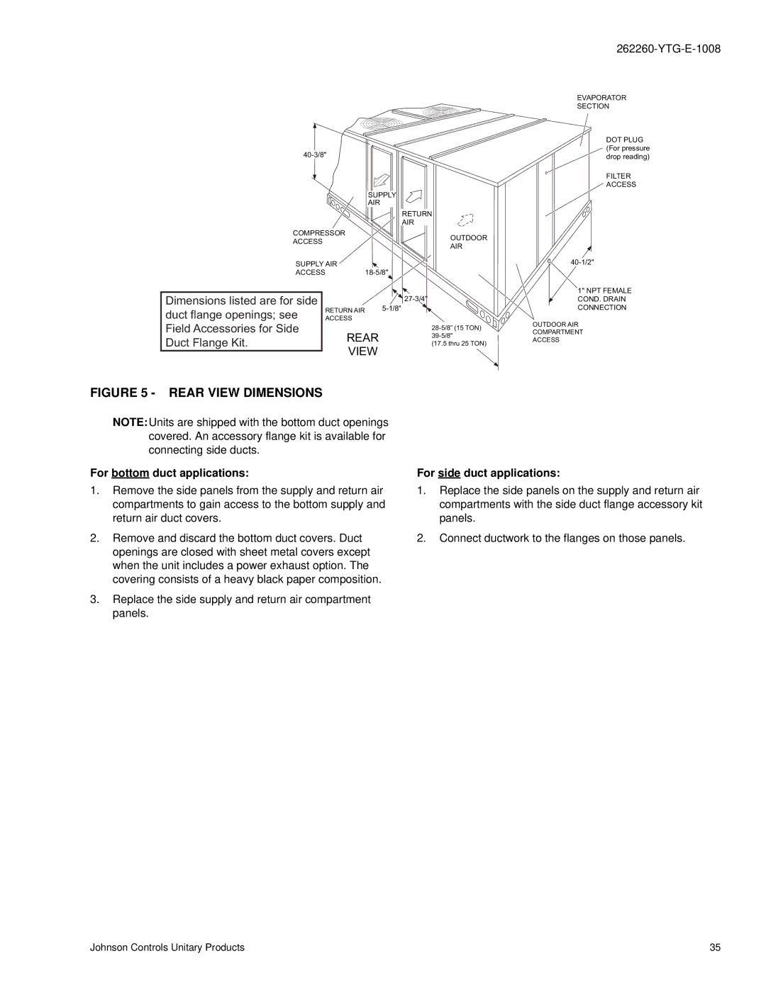 York DH 240, DH 210, DH 180, DH 300 warranty Rear View Dimensions 