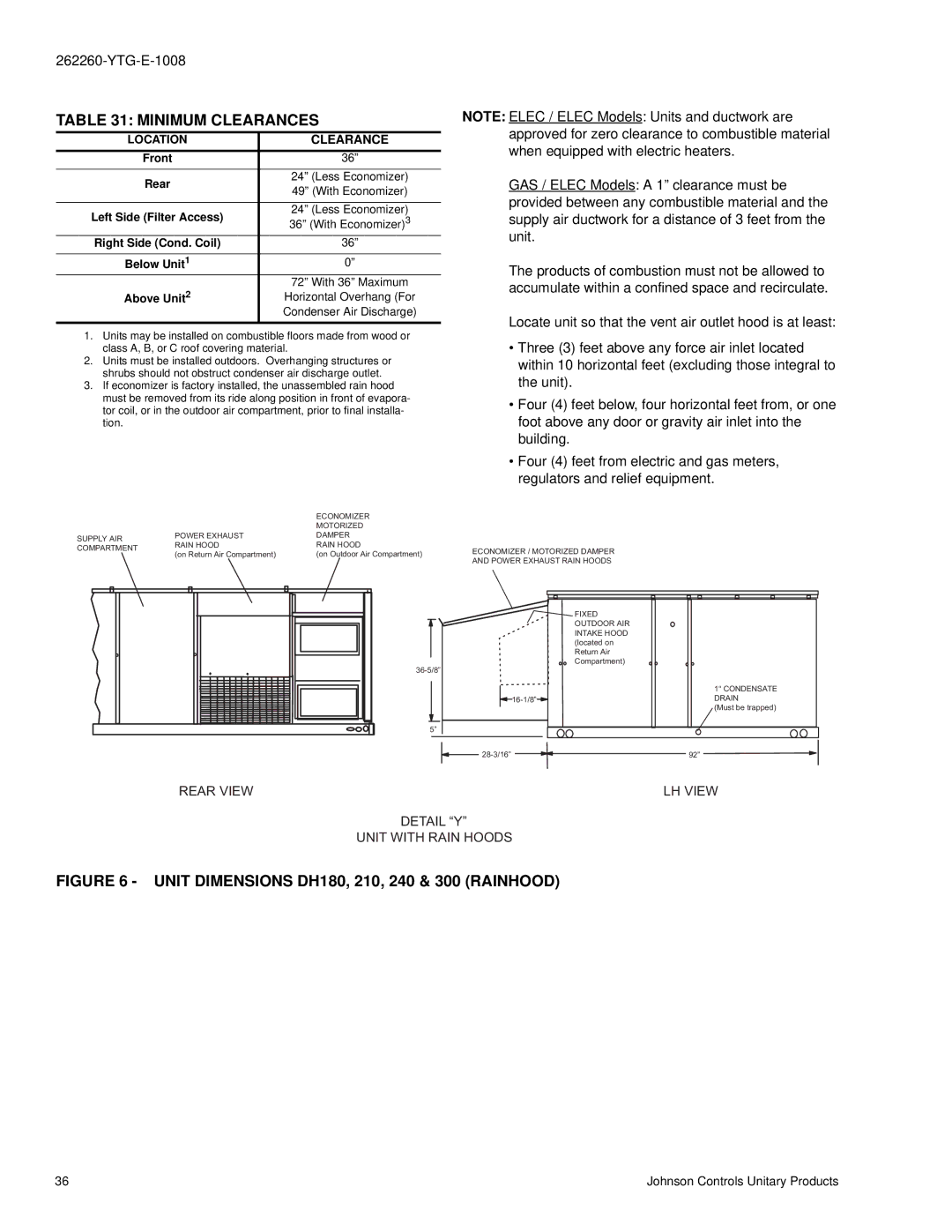 York DH 210, DH 180, DH 300, DH 240 warranty Minimum Clearances 