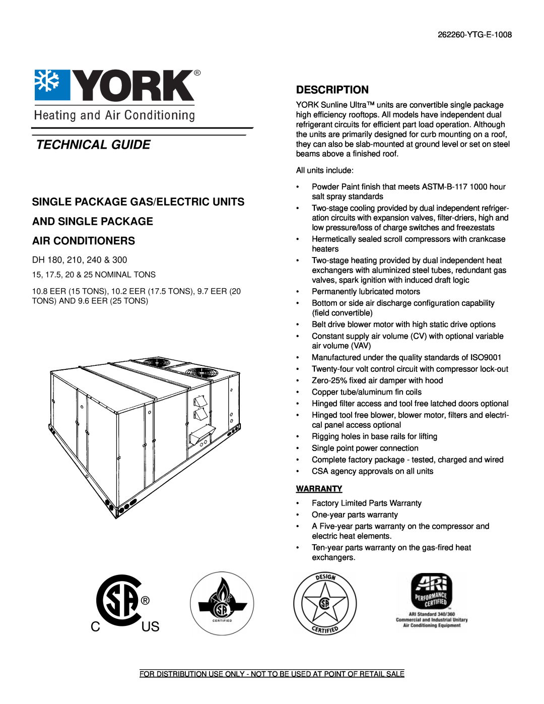 York warranty Single Package Gas/Electric Units, And Single Package Air Conditioners, Description, DH 180, 210, 240 