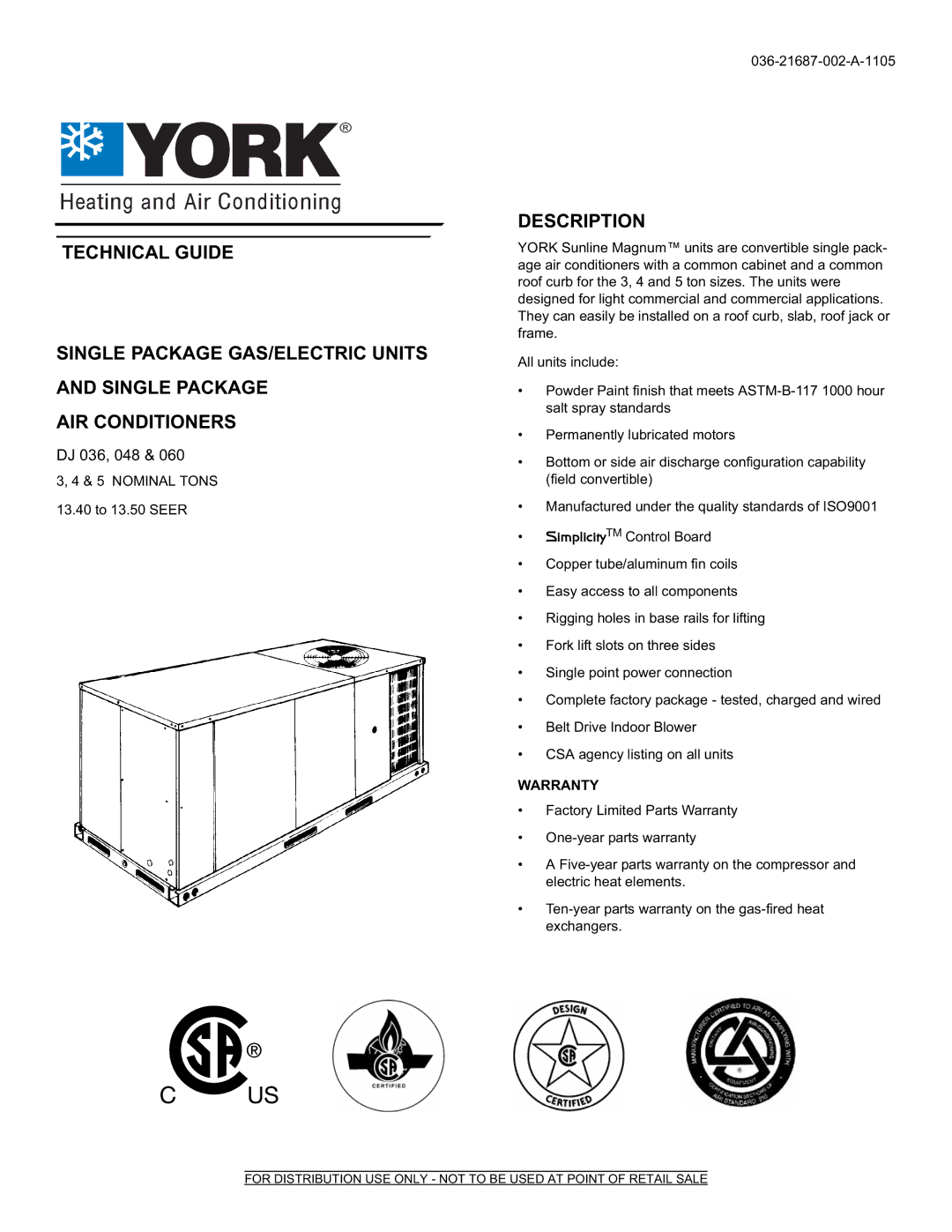 York DJ 036, DJ 048, DJ 060 warranty Description, Warranty 