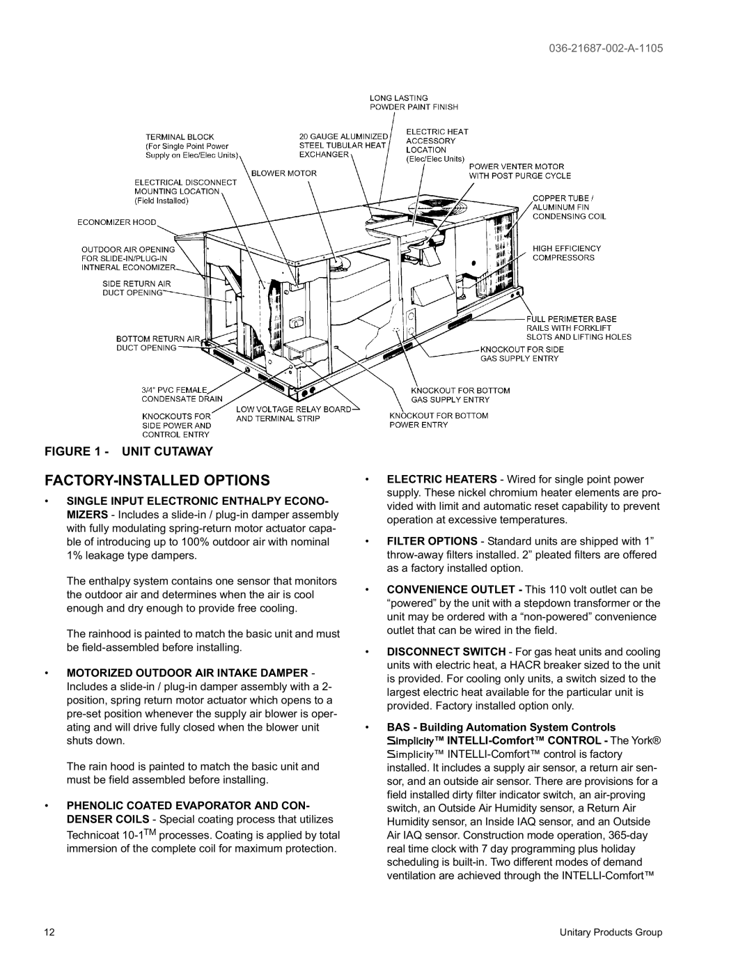 York DJ 048, DJ 036, DJ 060 warranty FACTORY-INSTALLED Options, Unit Cutaway 