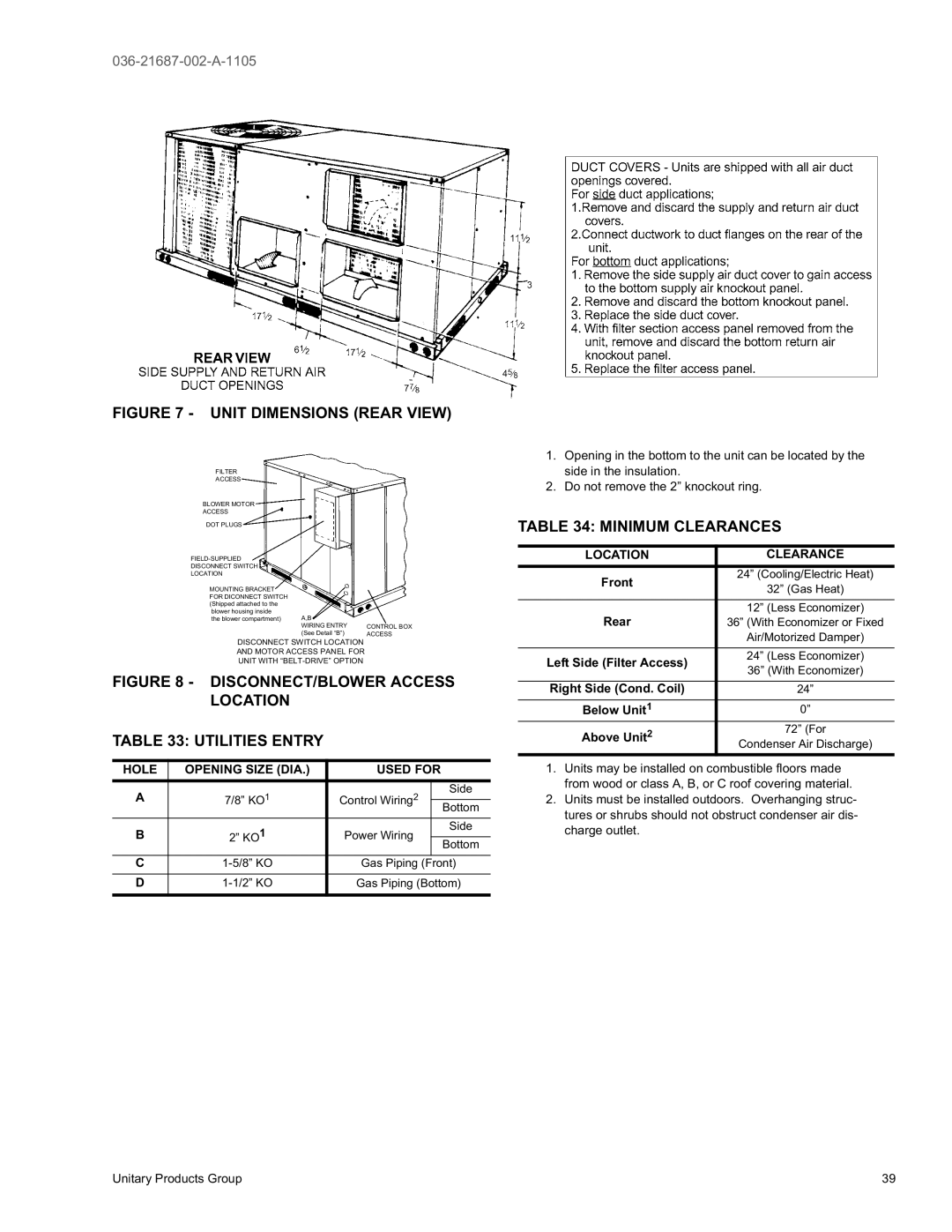 York DJ 048, DJ 036, DJ 060 warranty Minimum Clearances, Hole Opening Size DIA Used for, Location Clearance 