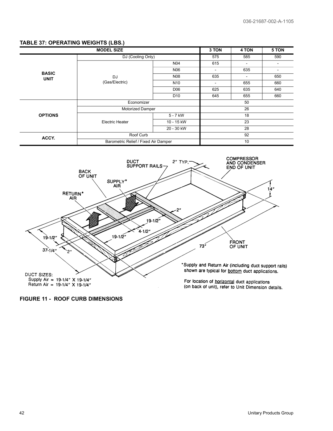 York DJ 048, DJ 036, DJ 060 warranty Operating Weights LBS, Model Size TON, Basic, Unit, Options 