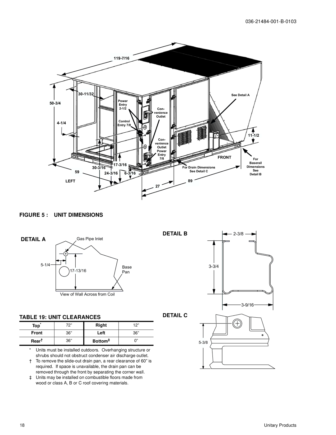 York DJ 150 manual Unit Clearances, Detail C 