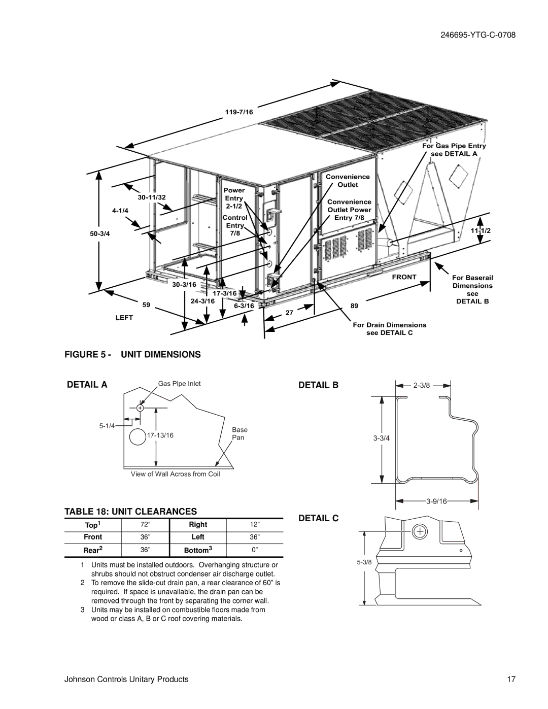 York DJ 150 manual Unit Dimensions, Unit Clearances Detail C 