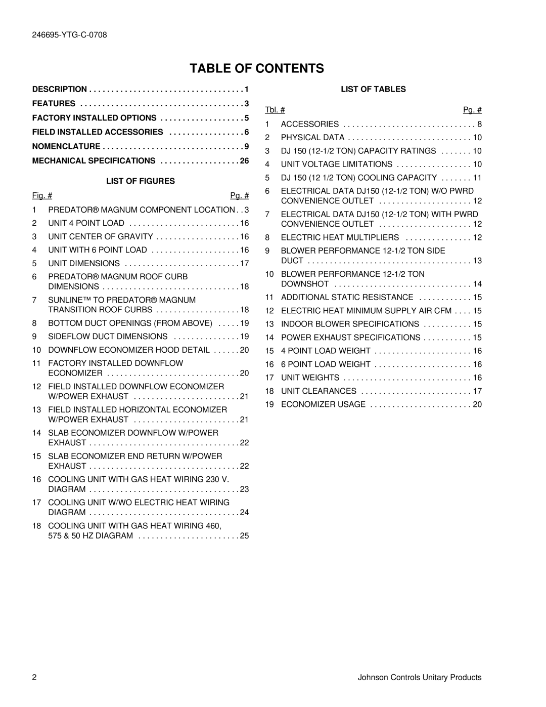 York DJ 150 manual Table of Contents 