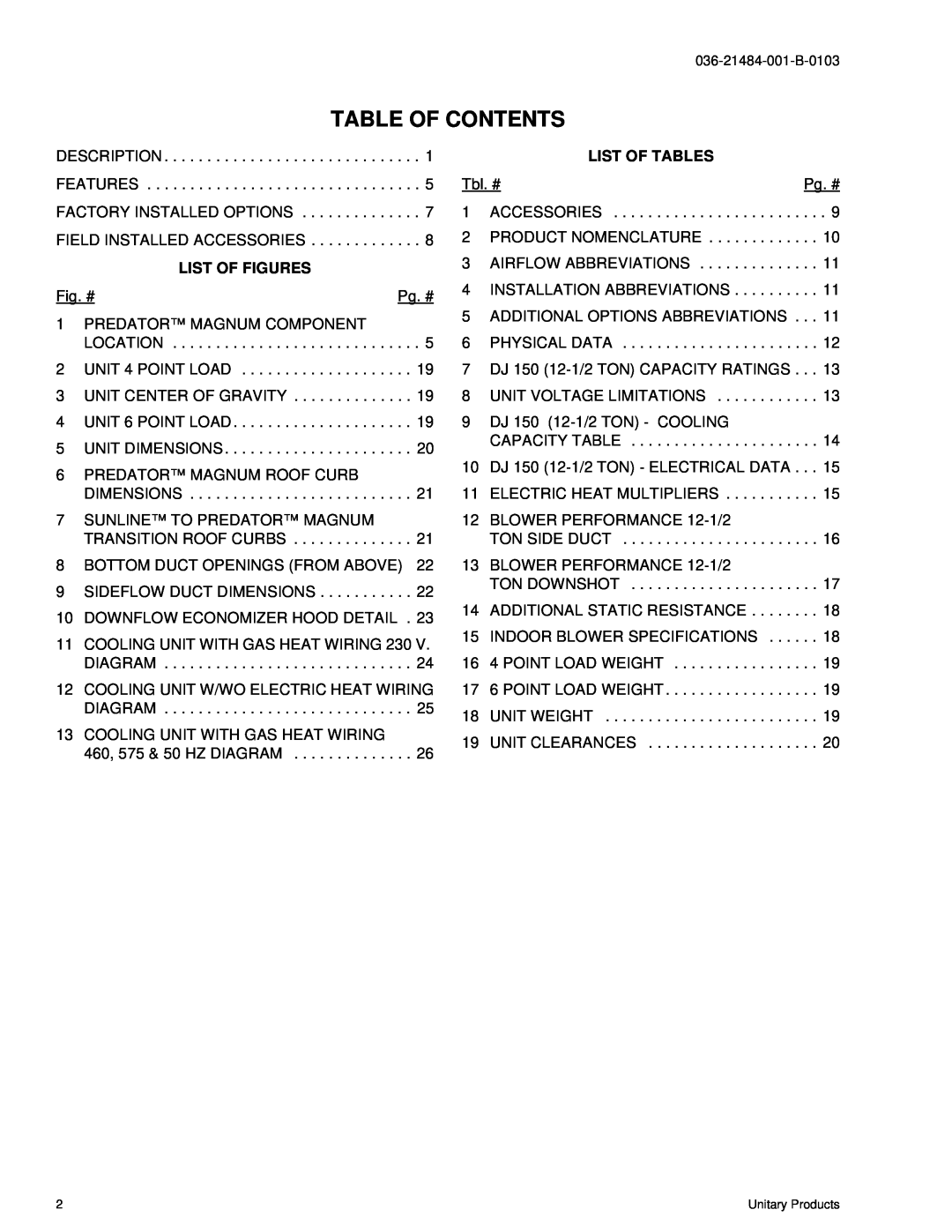 York DJ 150 manual List Of Figures, List Of Tables, Table Of Contents 